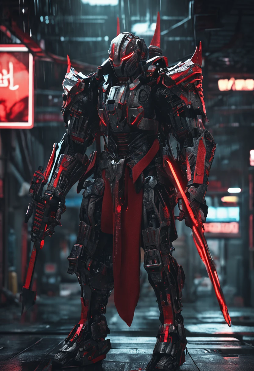 Dark_Fantasy,Cyberpunk,1manMechanical marvel,Robotic presence,Cybernetic guardian, samurai mechanical armour, katana on the waist, absolutely stunning art,wearing a black cloak, highest quality art, highest resolution, hyper detailed,black and red, futuristic, samurai robot, atmospheric,8k,64k, HD, unparalleled masterpiece, dynamic lighting, cinematic, epic