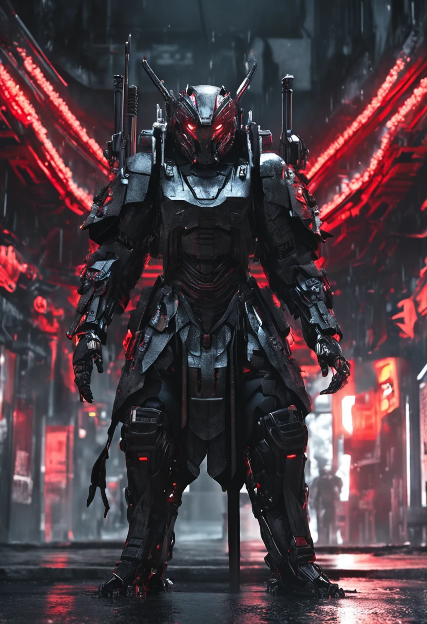 Dark_Fantasy,Cyberpunk,1manMechanical marvel,Robotic presence,Cybernetic guardian, samurai mechanical armour, katana on the waist, absolutely stunning art,wearing a black cloak, highest quality art, highest resolution, hyper detailed,black and red, futuristic, samurai robot, atmospheric,8k,64k, HD, unparalleled masterpiece, dynamic lighting, cinematic, epic