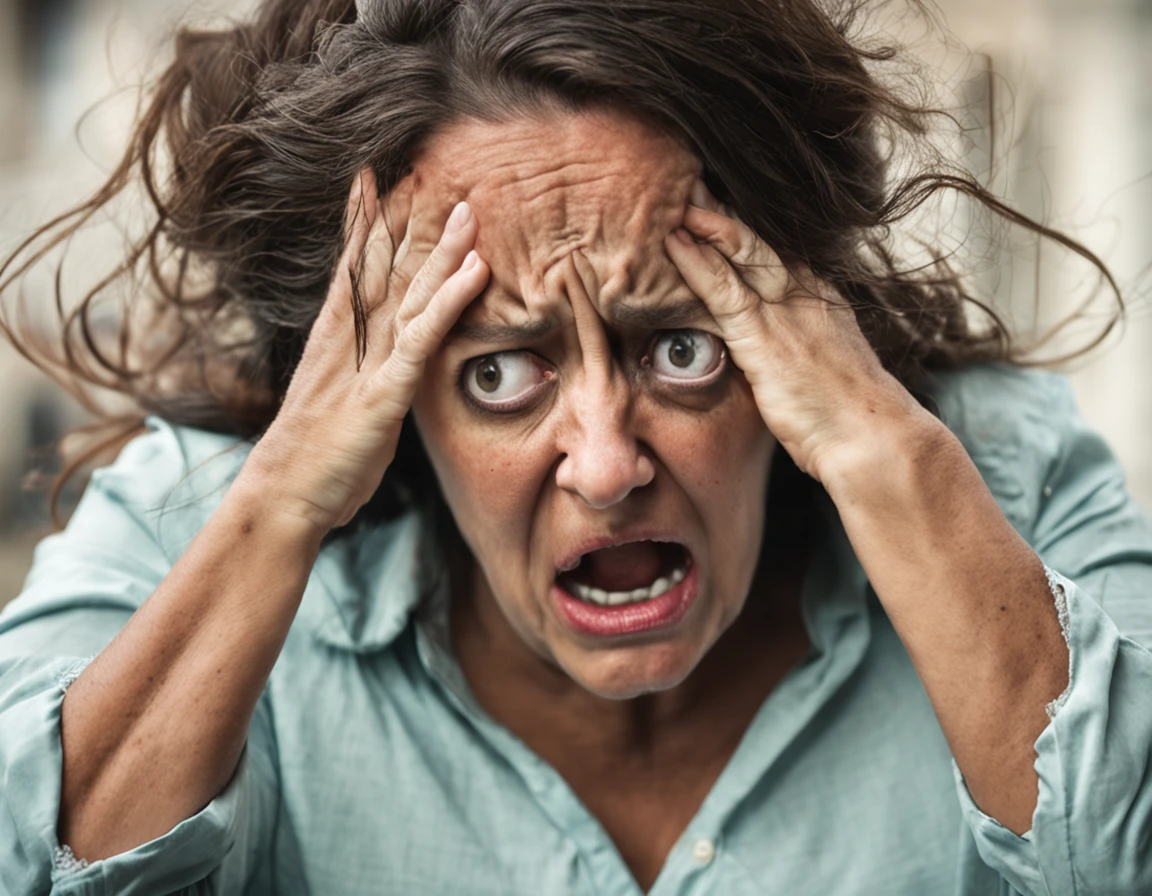 Woman with hands on her head and a surprised expression, frustrated expression, Rosto frustrado, stressed expression, horrified expression, frustrado detalhado, menacingly!!!, gritando em agonia, Frustrado, gritando em desespero, apavorado, Surtando, intense screaming expression, menacingly!, muito intenso, Horrorizado, preocupado, gritando de dor, aterrador!!!, chocante