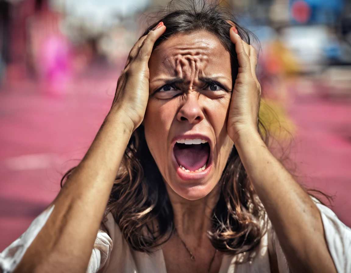 Woman with hands on her head and a surprised expression, frustrated expression, Rosto frustrado, stressed expression, horrified expression, frustrado detalhado, menacingly!!!, gritando em agonia, Frustrado, gritando em desespero, apavorado, Surtando, intense screaming expression, menacingly!, muito intenso, Horrorizado, preocupado, gritando de dor, aterrador!!!, chocante