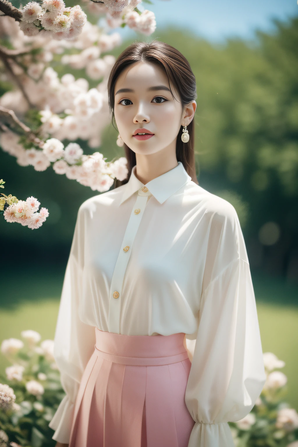 (8K分辨率,close-up all over the body),(1womanl,18yr old,((Facial features of Thai Esther:1.8,Soft cute,s delicate face,详细的脸),confident smile),Fair smooth skin,(Best Skin Type:1.21),Exaggerated traditional hairstyle,((Skirt,High-waisted skirt,Bust-length skirt,Collared skirt,Pair it with extremely complex jewelry, Luxury silk ski spinning,(Ultrathin,softness)),Elongated earrings,(Girl in a sea of flowers,Natural dependence,Naturally placed hands),delicate artwork,perfect hand,Ultra-fine clothing material),(lakeside,Peach blossom forest full of flowers,Exquisite details of the setting),(Professional lighting,动态照明),((Dignified and elegant,white colors,in pink,cyan colors))),(Golden section,Cinema lenses,Hasselblad photograp,tmasterpiece:1.3),(Xianxia,vintage art,trendsetting,Official propaganda,Art platform)