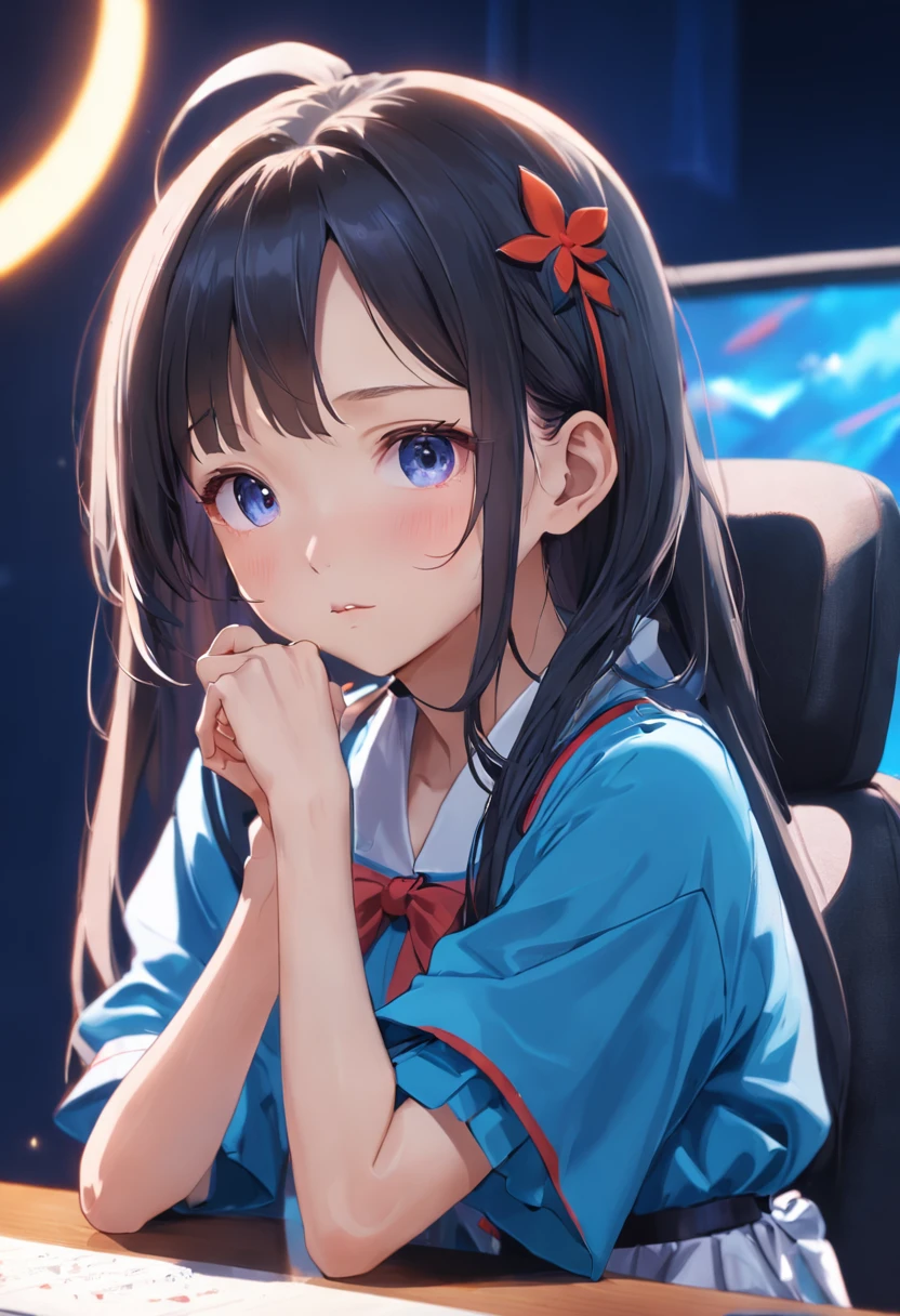 Araki woman in blue shirt sitting in front of the microphone, dilraba dilmurat, xintong chen, cutecore, Li Zixin, tzuyu from twice, girl cute-fine face, trending at cgstation, trending on cgstation, Chinese girl, wenfei ye, chengyou liu, xision wu, Yun Ling