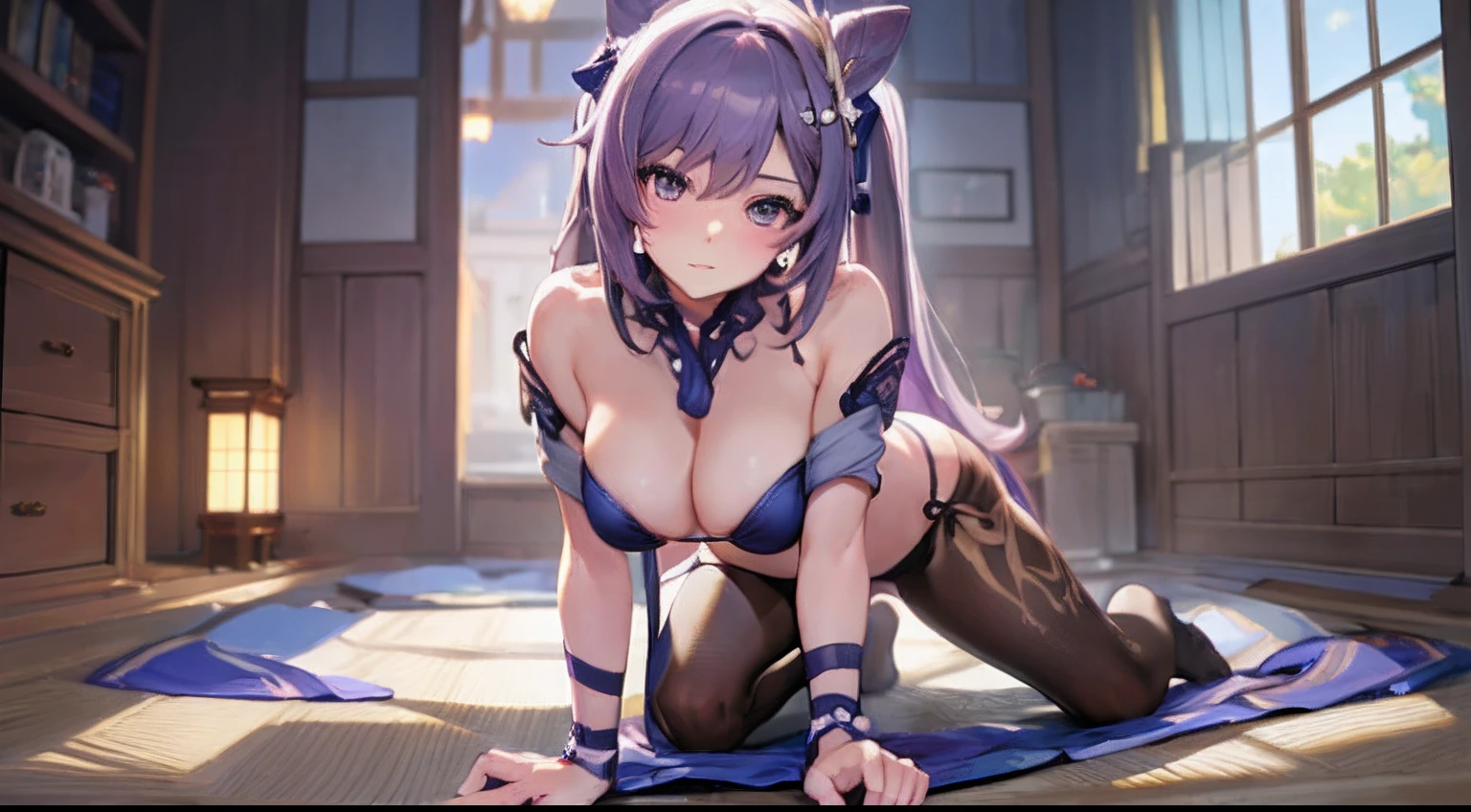 Keqing Genshin Impact, Iwhole body, (NSTDA.:1.2), (10, beste-Qualit, master-piece: 1.4), ultra-high resolution, (lifelike, photorealistic portrait: 1.48), 20 age, Cute Girl, (Look neatly through the bikini:1.11), Famous Japanese actors, Beautiful breasts, Blue Eyes, naked on all fours, Zeiss 150mm F/ 2.8 Hasselblad, Whole body, foot, Ultra-Wide Angle