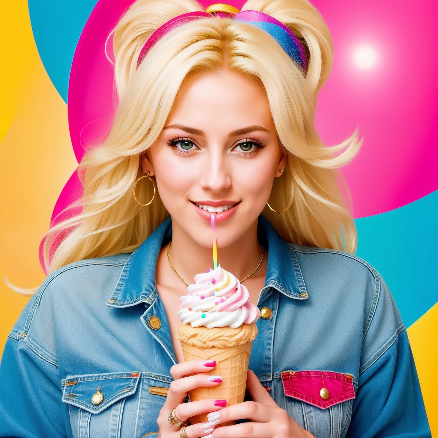 "(Mature and realistic portrayal:1.2) Sailor Moon exuding confidence as she holds an ice cream cone, her blonde hair cascading down, adorned in stylish rainbow denim clothes from the 2000s, with a backdrop filled with sprinkles."
