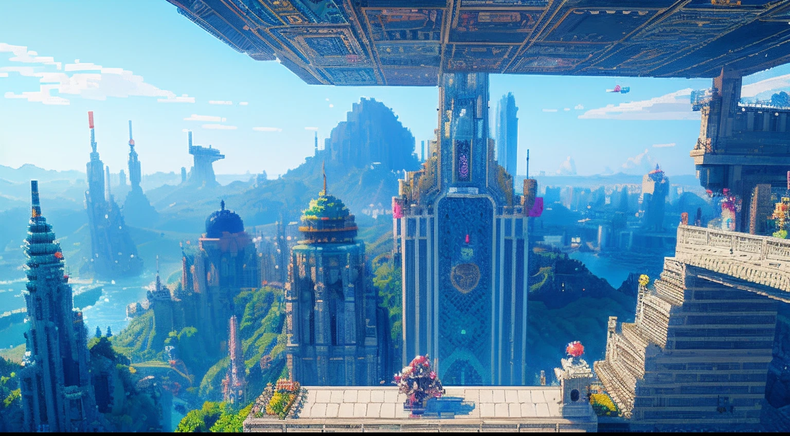 pixel game，scenography，fantastical scenes，Space City，levitating， Pixel art #pixelart