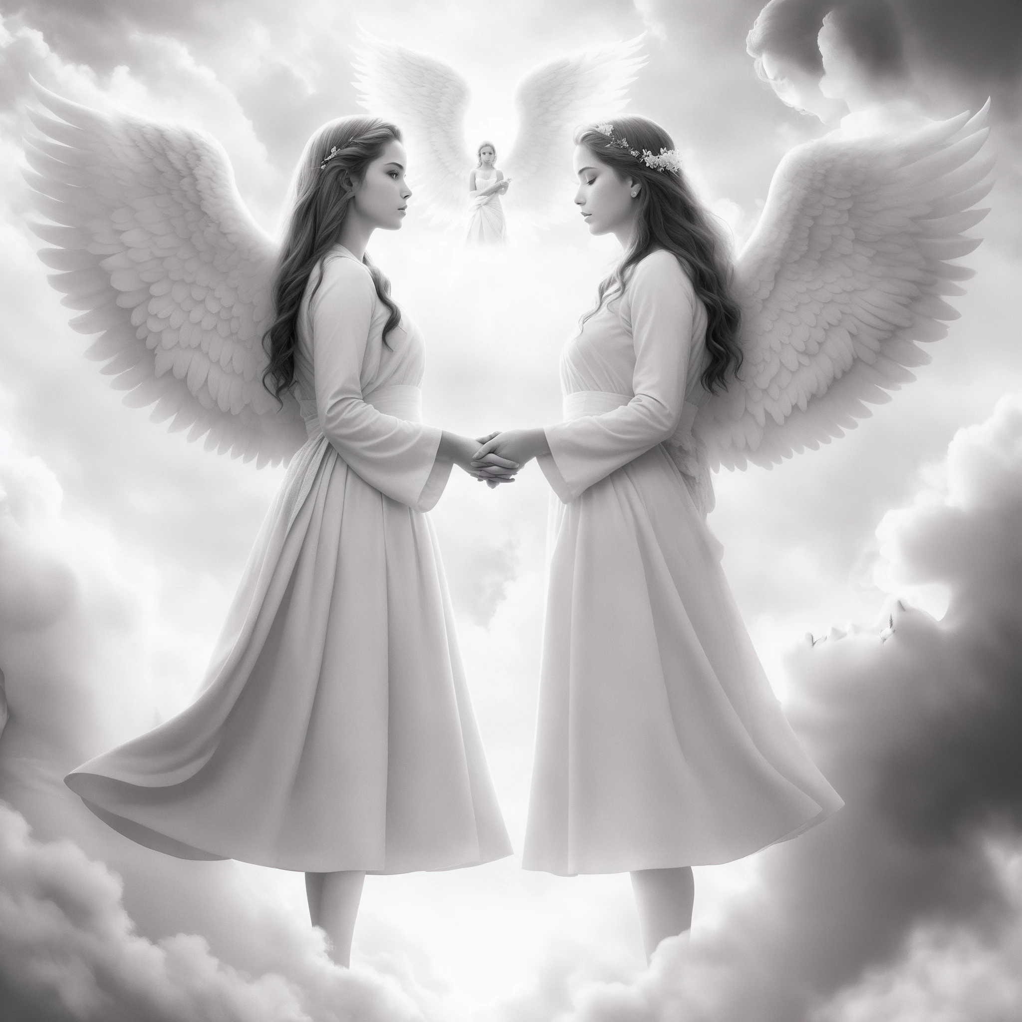 Painting of two angels holding hands in an overcast sky, 2 anjos, Anjos, angels in the sky, anjos biblicamente precisos, anjos em vestidos de gaze branca, anjo, angelic, Godrays pintura digital, cheio de pinturas de anjos, Directed by: Marie Angel, angelic, com dois pares de asas, godly and ethereal, angel is split in two with smoke