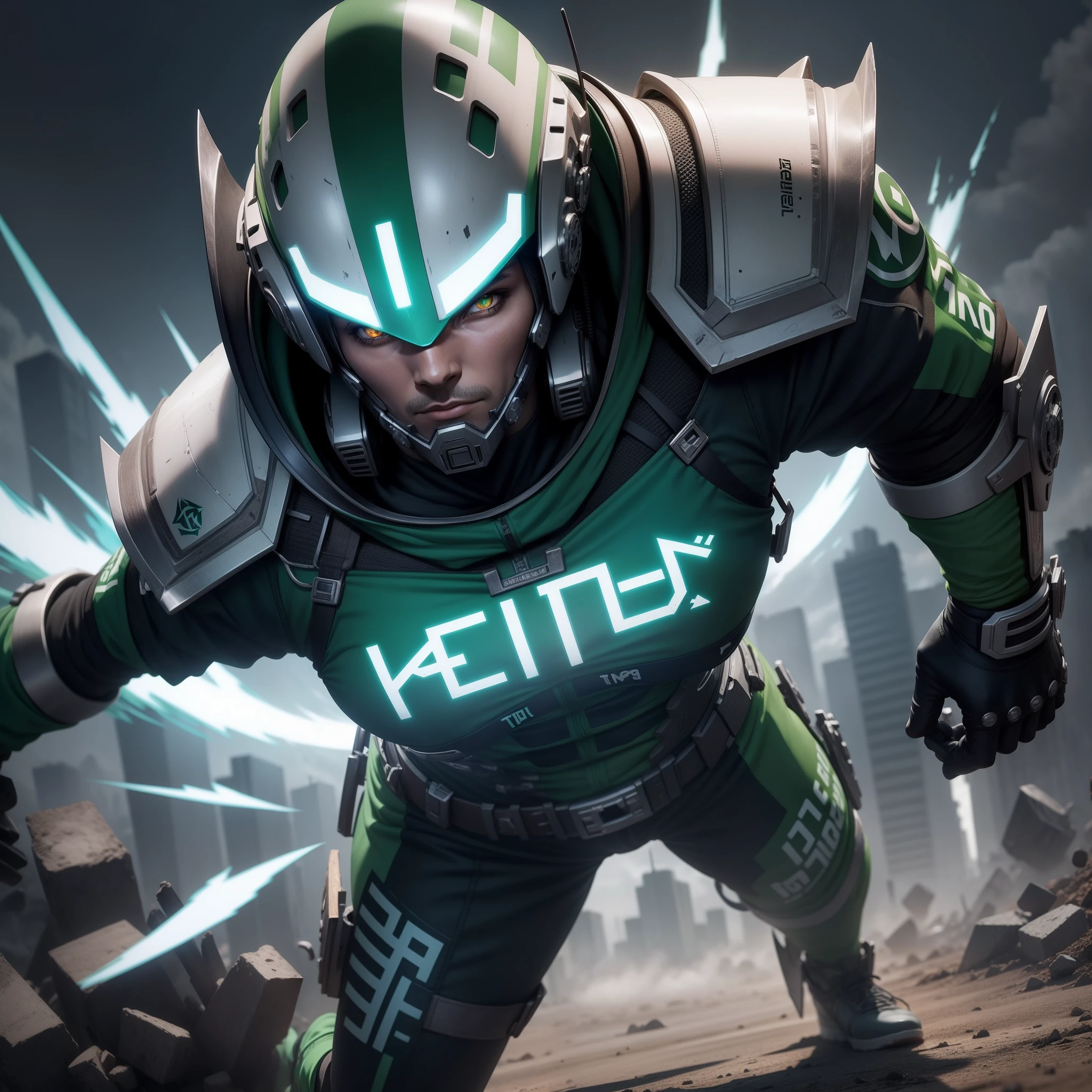 Logo tipoc9m nome GPKILLER , ultra realista , com chamas verde, fundo cidade devastada pela guerra ultra tealista