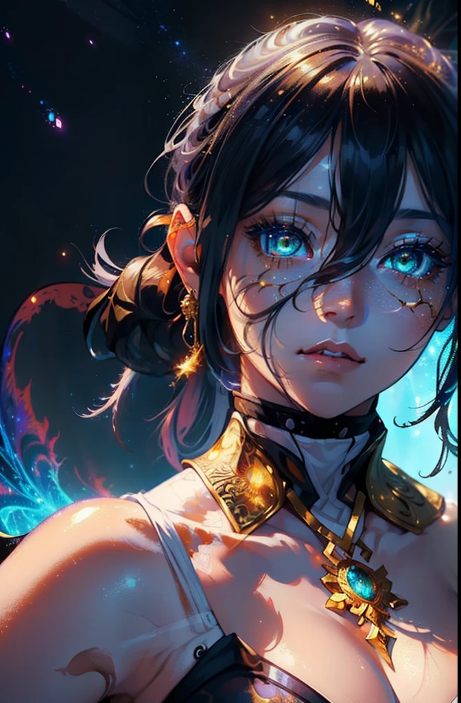 (masterpiece, top quality, best quality, official art, beautiful and aesthetic:1.2), (1girl), extreme detailed eyes, (fractal art:1.3), colorful, highest detailed, (perfect face), shiny skin, HDR, (white cloak golden lines:1.2), galaxy, (light streaks), striking visuals, (dynamic streaks, luminous trails:1.2), vibrant colors, (phoenix), (dragon)