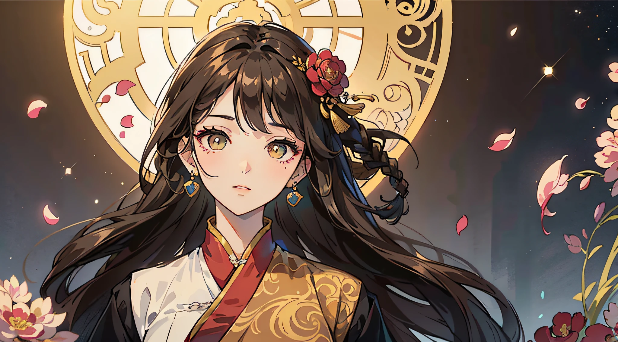 Mature girl , long dark brown hair, long dark brown hair, braid on the left side of hair, floating hair, golden eyes, golden eyes, delicate and smart eyes, starry pupils, intricate damask hanfu, gorgeous accessories, wearing tassel earrings, FOV, f1.8, masterpiece, complex scene, flower petals flying, front portrait shot, Chang'e