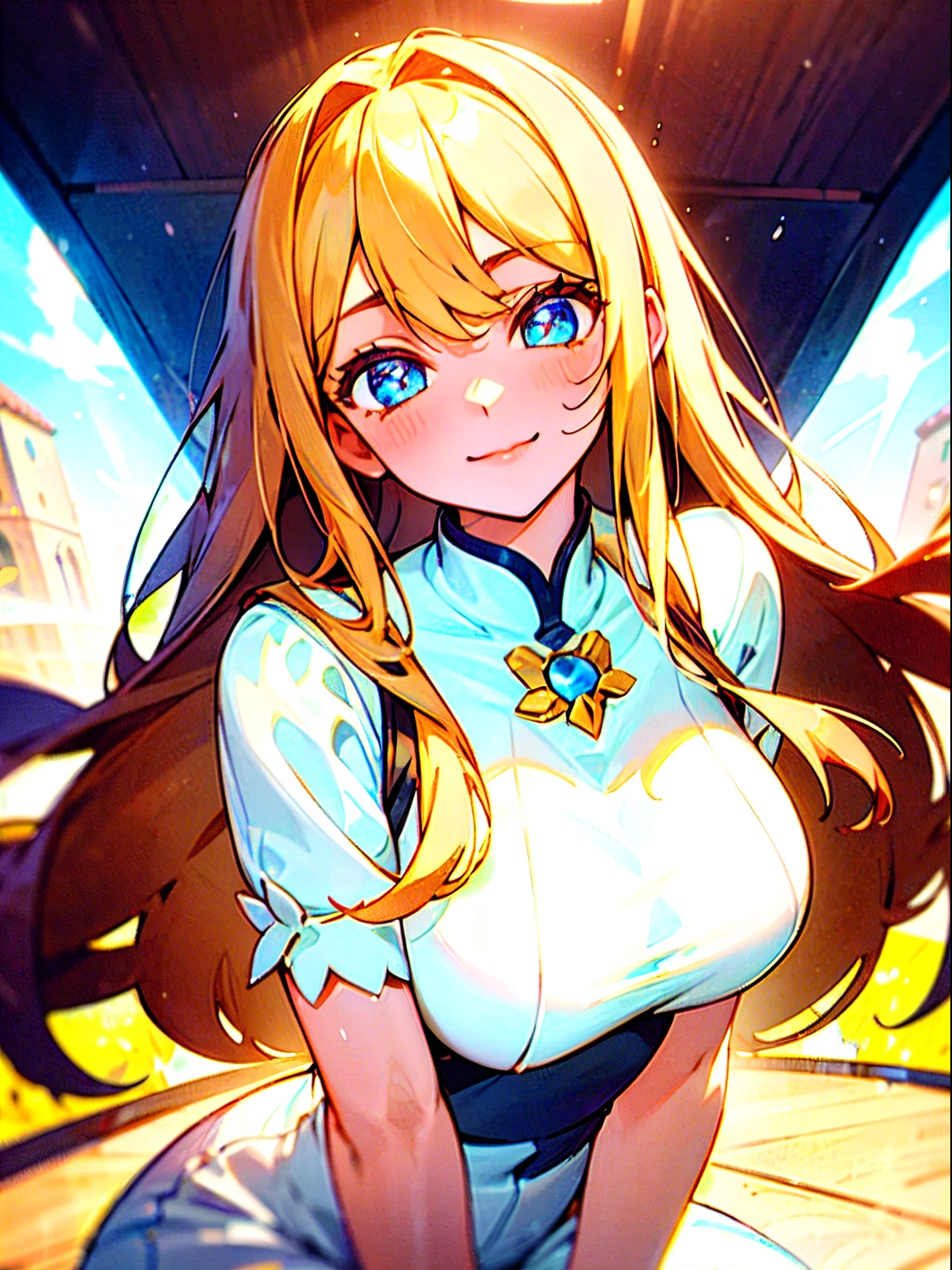 Extraordinary sexy beauty、Beautiful, Gentle and cheerful look、Sexy refreshing appearance、The most perfect beautiful cute face in the world、long bangs between eyes、The most beautiful super long bright blonde straight hair in the world、beautiful countenance、Very cute beautiful sexy young little woman、Glowing big bright light blue eyes、15yo student、Young Western Woman、Beautiful white shiny skin、Highlights of cheek luster、Large breasts