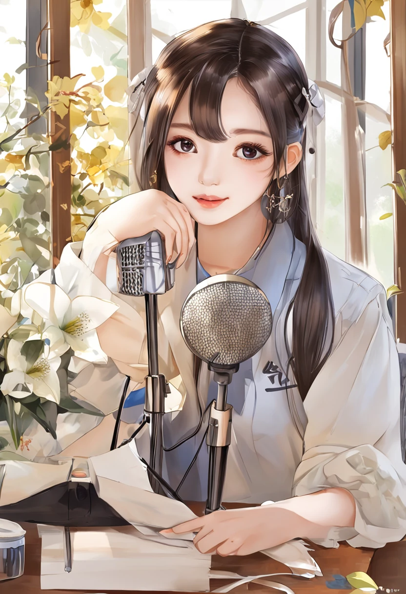 Araki woman in blue shirt sitting in front of the microphone, dilraba dilmurat, xintong chen, cutecore, Li Zixin, tzuyu from twice, girl cute-fine face, trending at cgstation, trending on cgstation, Chinese girl, wenfei ye, chengyou liu, xision wu, Yun Ling