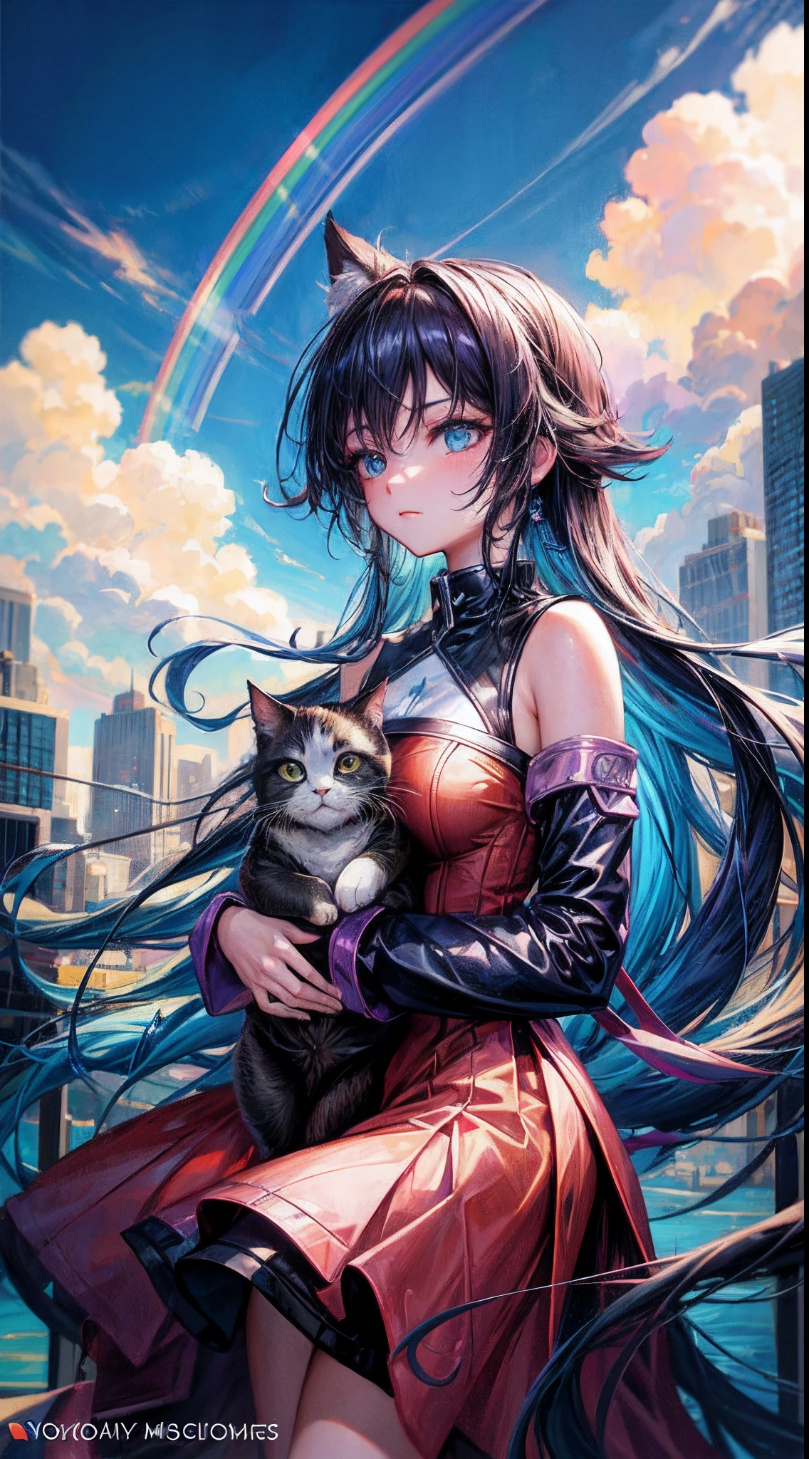 ((Rainbow Daytime Sky))、Anime girl cuddling a cat,Near Future City、 makoto shinkai cyril rolando, anime art wallpaper 4k, anime art wallpaper 4k, Anime art wallpaper 8k, inspired by Cyril Rolando, in the style dan mumford artwork, amazing wallpapers, by Yuumei