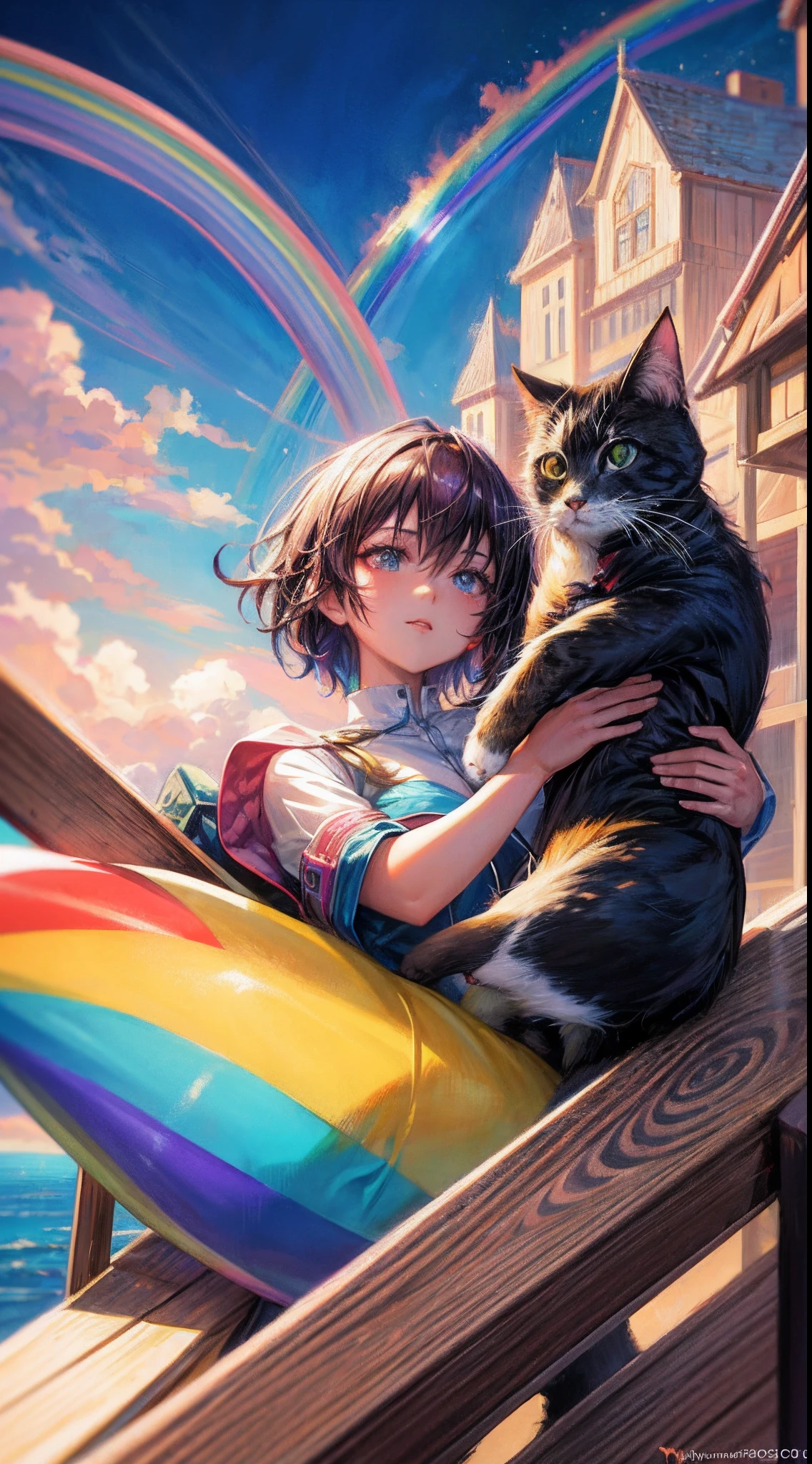 ((Rainbow Daytime Sky))、Anime girl cuddling a cat,Near Future City、 makoto shinkai cyril rolando, anime art wallpaper 4k, anime art wallpaper 4k, Anime art wallpaper 8k, inspired by Cyril Rolando, in the style dan mumford artwork, amazing wallpapers, by Yuumei