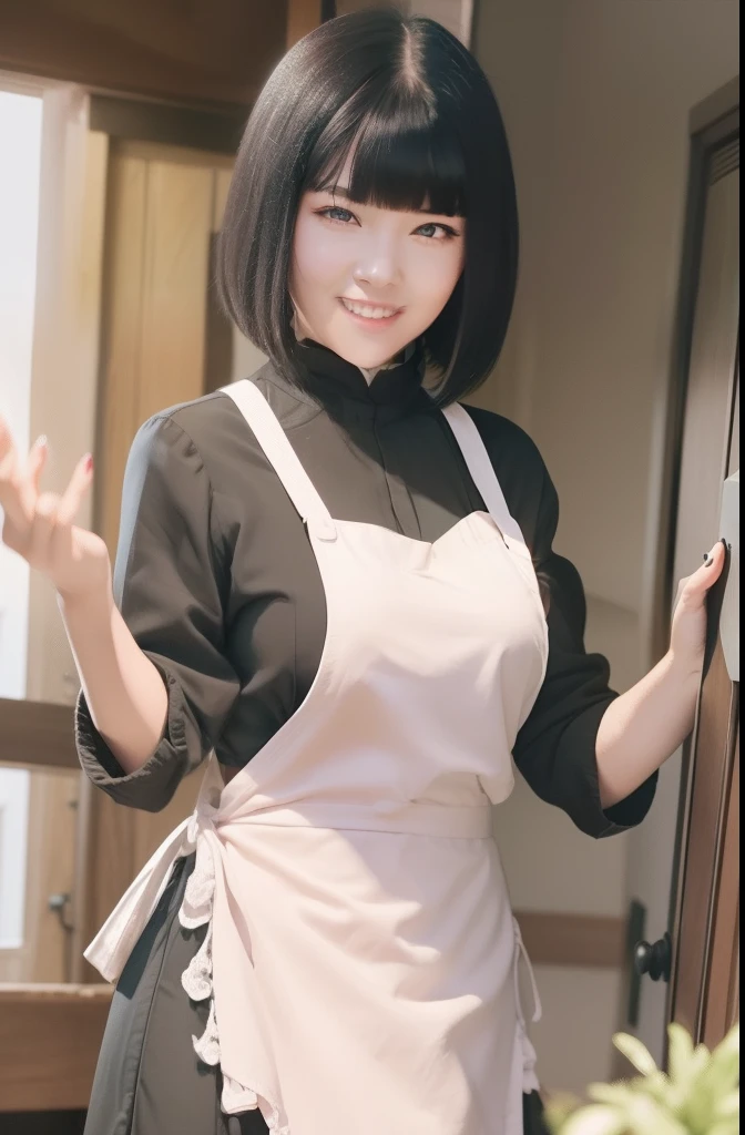 Hinata hyuga A woman opened the door, greeting with her right hand. She was seen in a black housedress and a cream-colored apron. She had short dongker hair that wasn't laced up at her harness. She looks like she's smiling. Dam say hello. She had a white as snow on her rosy cheeks. Her little pink lips. He looked smiling and looked at the camera. She looks so beautiful and realistic