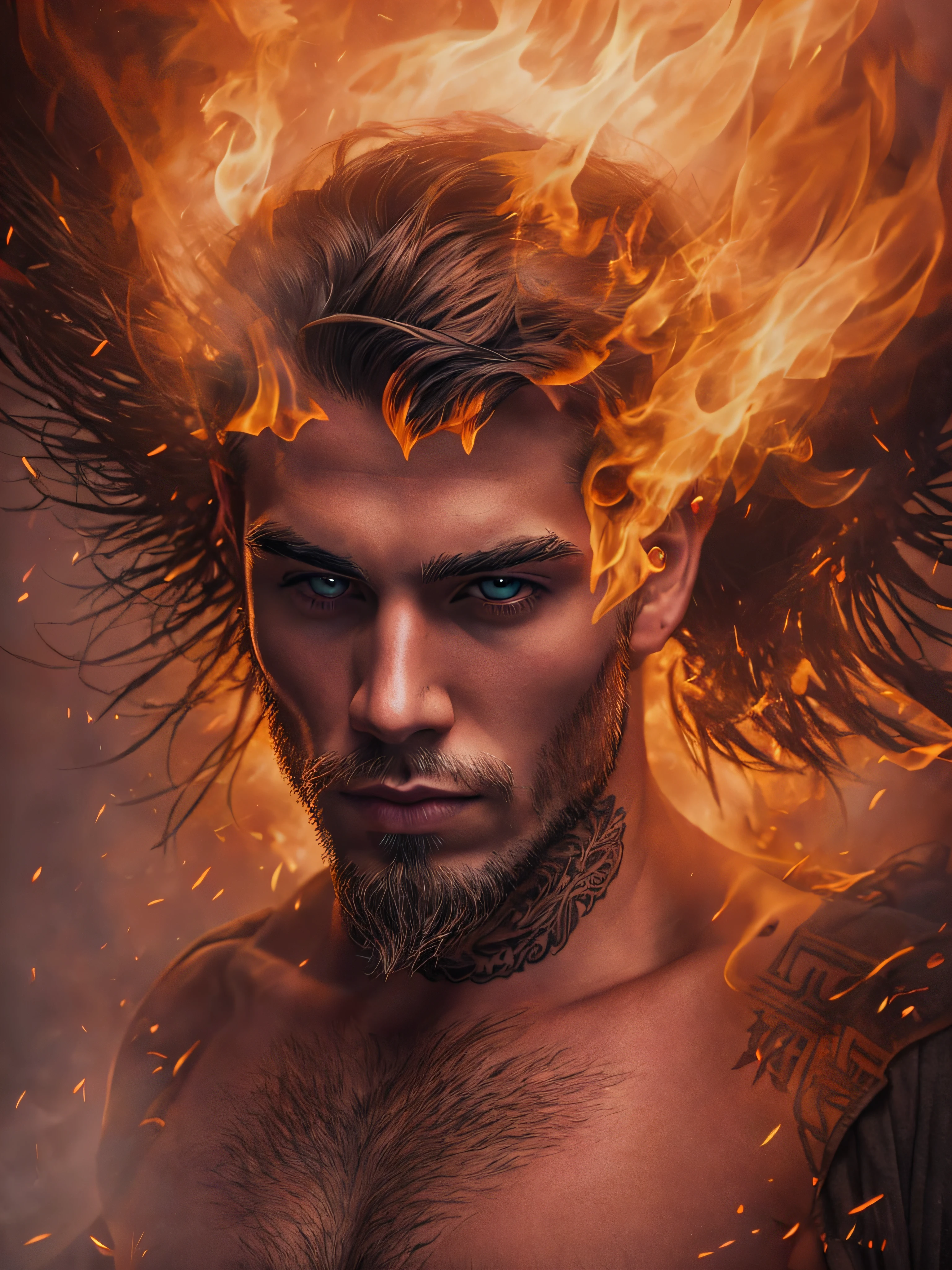 Angel male, fire, fog, tribal tattoo
PhotoReal, 768x512, Alchemy