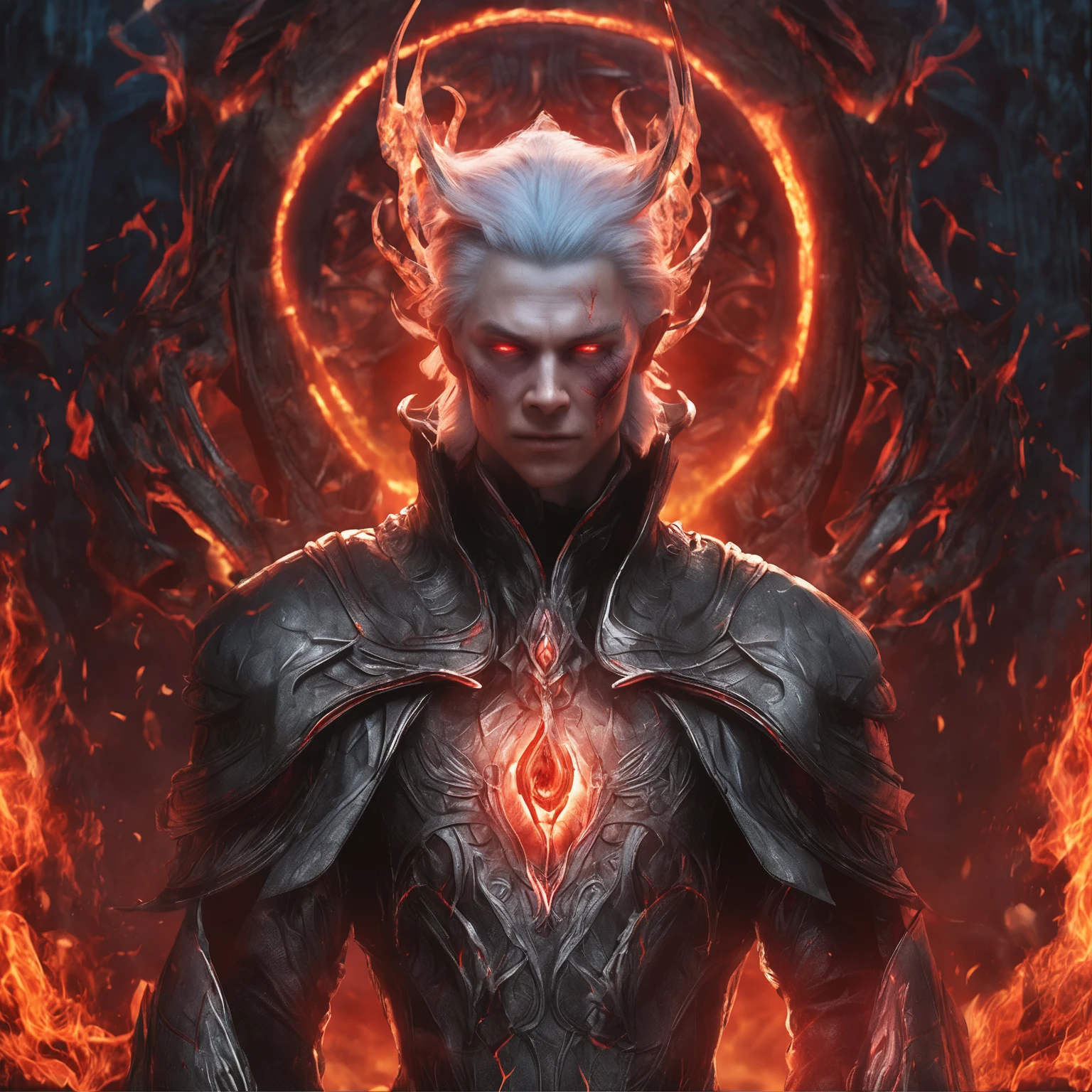 (Many award-winning masterpieces with incredible details, textures and maximum details), (Hyper-realistic: 1.4), (Realistic: 1.3), (Highest quality real textured skin), Fantasy theme, black clothes, black cloak, Cyber elements, red light, blue light, finely detailed face, ((Medieval World)), (Full Body Portrait: 1.6), ((Lord's Flame Demon)), (((Lord's Hellfire Demon))) , (bright cold eyes), (full body standing picture: 1.6), (with a naughty smile on the face), (eyes that glow red in the dark: 1.5), (a pair of red eyes with a strong red light emitting from inside) :1.5), (full body standing image: 1.5), (fire and flames swirling in the background), (dramatic light), wings, (majestic sight), (her face is gentle and beautiful, but somehow scary), ears Glass earrings on, (dramatic photo: 1.4), (full body portrait: 1.5), ((dramatic pose)), (blond hair), (silver hair), (chestnut hair), short hair, ((looking up)) , ((Look down)), (A simple necklace of exquisite workmanship hangs around the neck), (Bioluminescence that exudes brilliant light: 1.3), (Use gorgeous fire magic: 1.2), (Spinning flames), Devil's Basilica, Great Shrine of Devil, Great Temple, Great Cathedral, Temple Ruins, Freestanding Temple, (Glowing Magic Circle), Ancient Castle Ruins, Shining Majestic Clouds and Sky, Lightning, Epic Reality, Fading, Art, (Greg Rutkowski: 0.8), (Teal and Orange: 0.4), (ArtStation: 1.5), Cinematic, ((Neutral Colors)), (hdr: 1.5), (Pastel Colors: 1.2), Ultra Detailed, Dramatic light, (complex detail: 1.1), complex background,