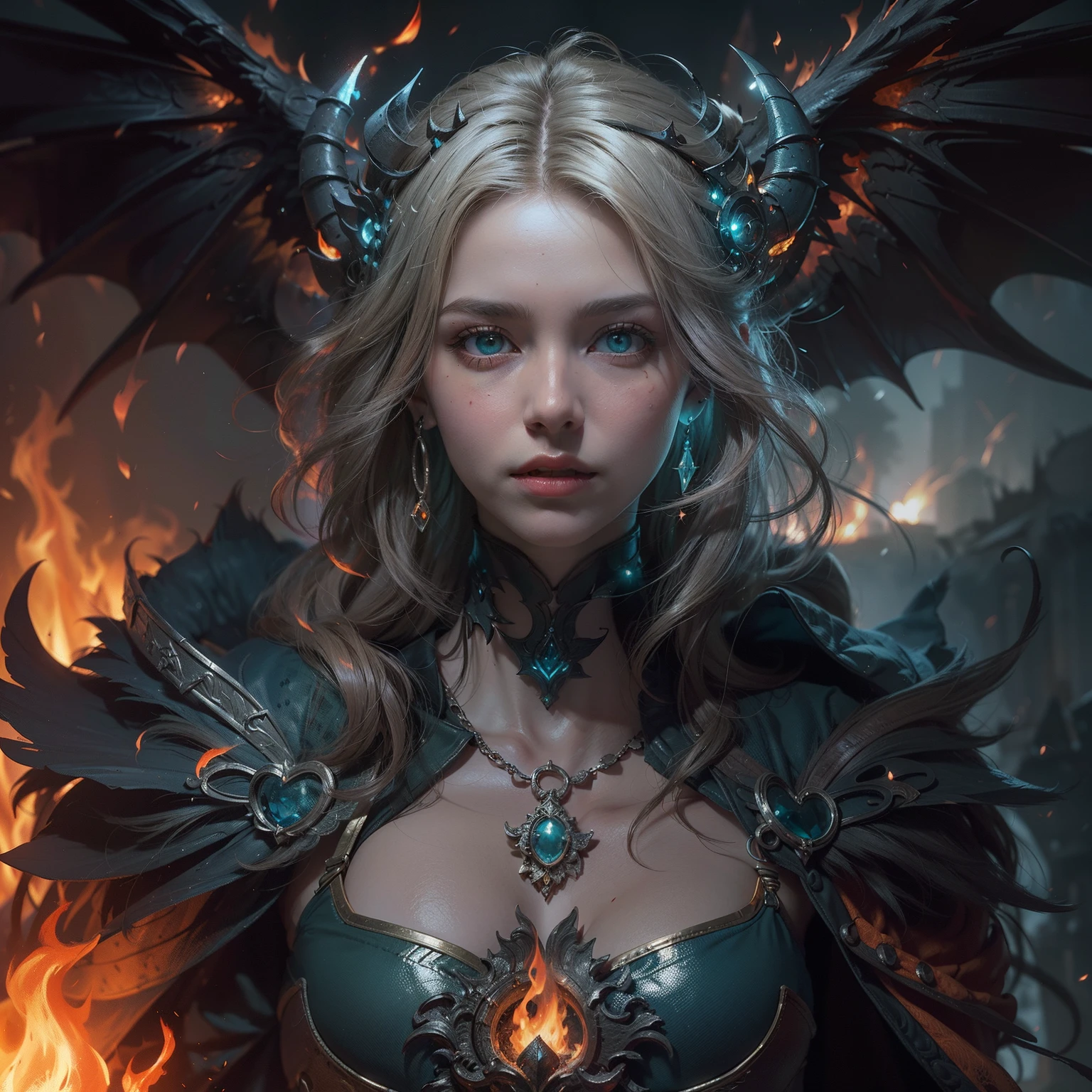 (Many award-winning masterpieces with incredible details, textures and maximum details), (Hyper-realistic: 1.4), (Realistic: 1.3), (Highest quality real textured skin), Fantasy theme, black clothes, black cloak, Cyber elements, red light, blue light, finely detailed face, ((Medieval World)), (Full Body Portrait: 1.6), ((Lord's Flame Demon)), (((Lord's Hellfire Demon))) , (bright cold eyes), (full body standing picture: 1.6), (with a naughty smile on the face), (eyes that glow red in the dark: 1.5), (a pair of red eyes with a strong red light emitting from inside) :1.5), (full body standing image: 1.5), (fire and flames swirling in the background), (dramatic light), wings, (majestic sight), (her face is gentle and beautiful, but somehow scary), ears Glass earrings on, (dramatic photo: 1.4), (full body portrait: 1.5), ((dramatic pose)), (blond hair), (silver hair), (chestnut hair), short hair, ((looking up)) , ((Look down)), (A simple necklace of exquisite workmanship hangs around the neck), (Bioluminescence that exudes brilliant light: 1.3), (Use gorgeous fire magic: 1.2), (Spinning flames), Devil's Basilica, Great Shrine of Devil, Great Temple, Great Cathedral, Temple Ruins, Freestanding Temple, (Glowing Magic Circle), Ancient Castle Ruins, Shining Majestic Clouds and Sky, Lightning, Epic Reality, Fading, Art, (Greg Rutkowski: 0.8), (Teal and Orange: 0.4), (ArtStation: 1.5), Cinematic, ((Neutral Colors)), (hdr: 1.5), (Pastel Colors: 1.2), Ultra Detailed, Dramatic light, (complex detail: 1.1), complex background,