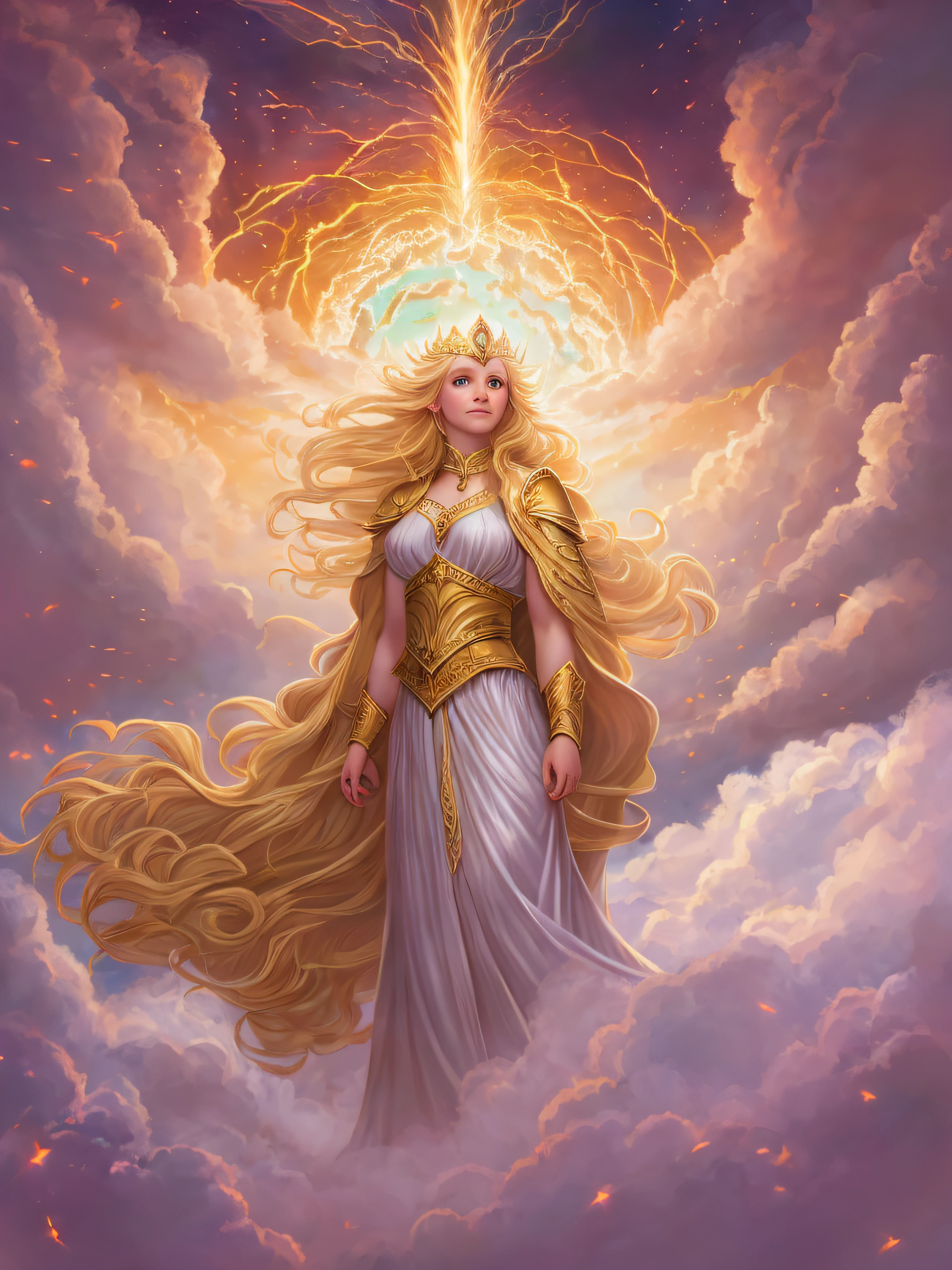 A majestic Freyja stands atop a mountain of clouds, her golden hair cascading down her back and her eyes glowing with divine power.