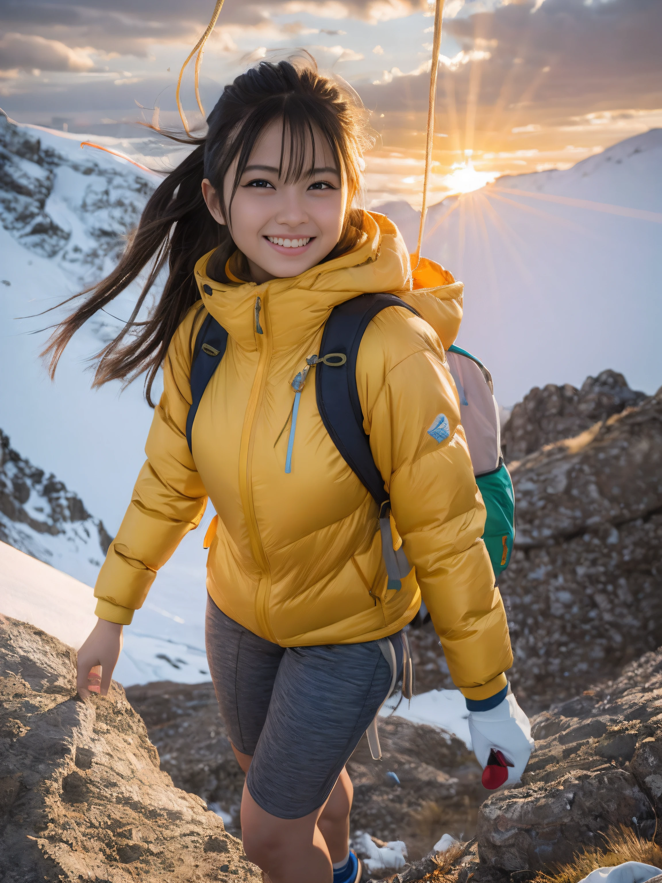 nffsw, nffsw, Ray traching, Radio City, Anisotropy Filtering, 16 K, Best Quality, masutepiece,1girl in, Solo, Mature,  Beautiful mountaineer, hiking clothes, Gradient long hair, Perfect, Detailed, Convoluted, ropes, mountaineering equipment、Happy smile、Orange sunset