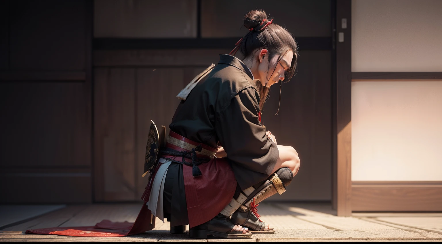 create a realistic image of a sad samurai on his knees watching a woman walk away