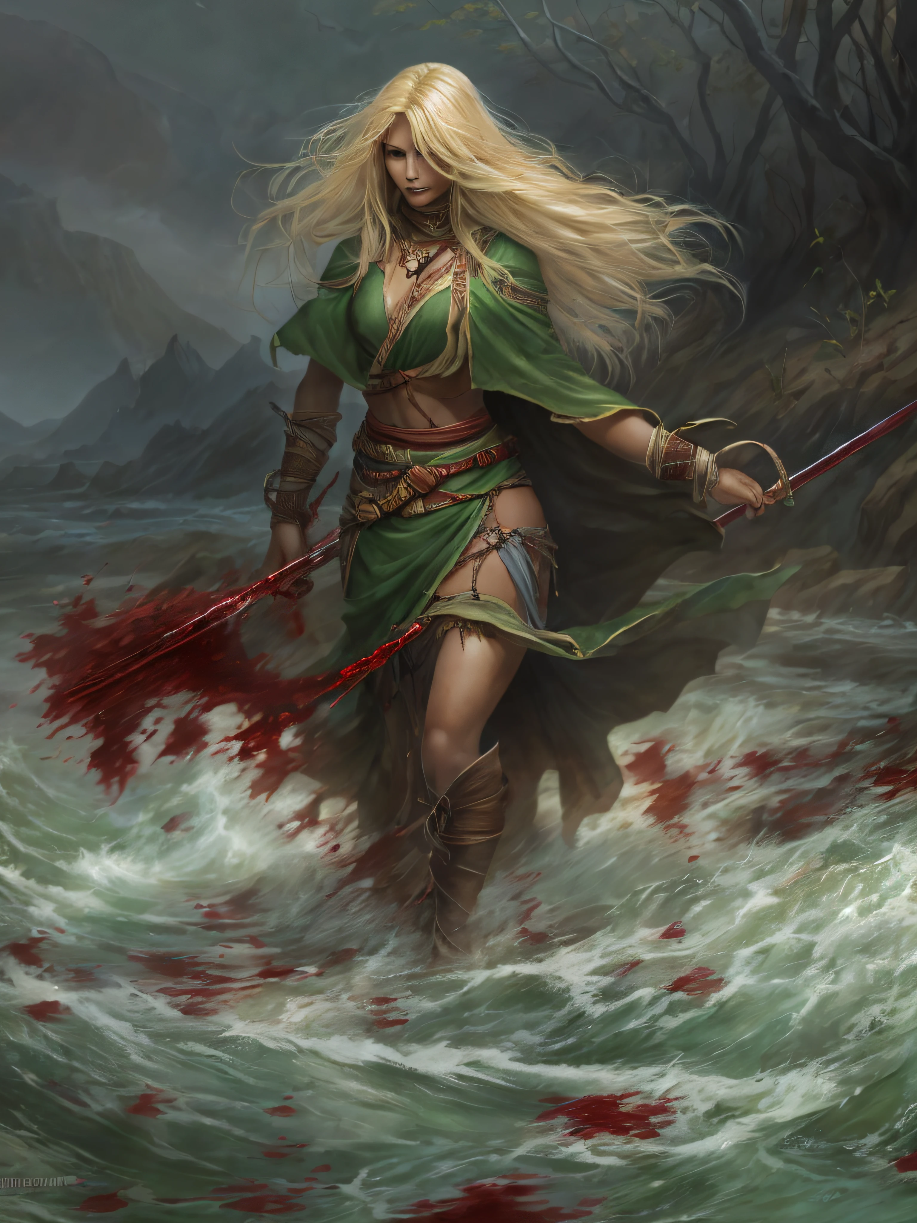 A handsome female with light blond extreme long haired lady and a light brown skin, dressed in a green loincloth end covered in blood. Crossing a wild of blood river,