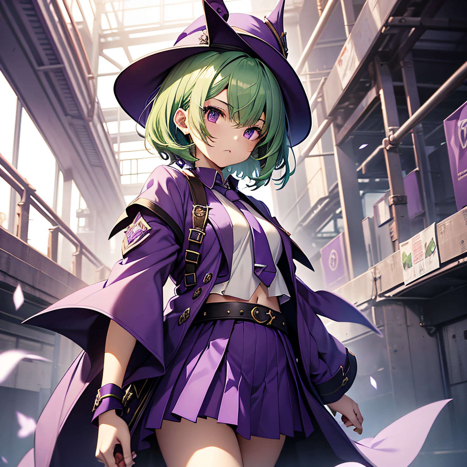 top-quality、extremely delicate and beautiful、(A girl)、Purple Eye、Green hair、short-haired、(Purple pointy hat)、Purple tie、Soio、shortsleeves、Purple skirt、Purple Wizard Robe、Navel、is standing