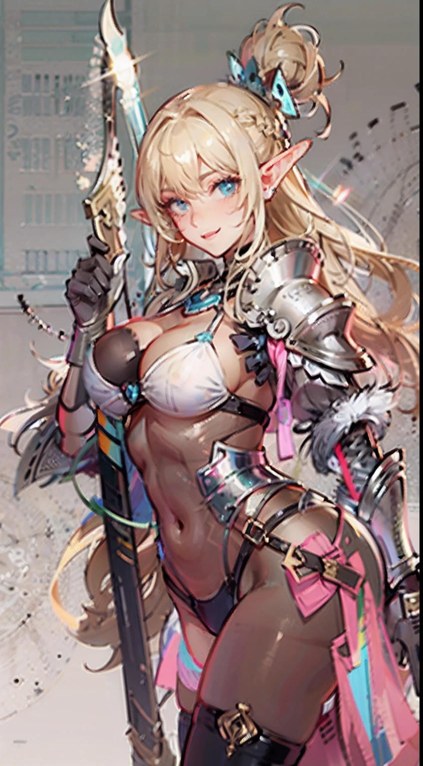 elf knight, fantasy, Board gloves, Plate grooves, Ass angle, Blonde hair, Smiling, big sword, actionpose, bikini armor, pastie, Busty, Board boots, Delicate, soft features, Beautiful detailed face, Shiny skin, elegant, Beautiful, Messy bun, Thick thighs, big assa, Huge breasts:1.3, Upper body, Thick, skin indentation