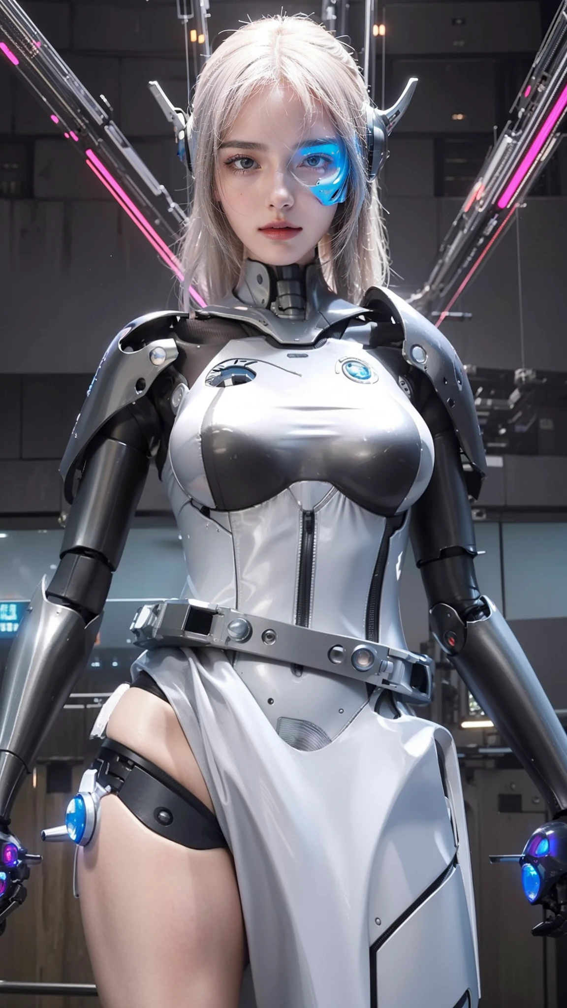 Best quality, delicate face, 25-year-old girl, slim body, mechanical body, robot skeleton, seaside, standing, there are huge alien spaceships floating in the air, cyberpunk, sci-fi