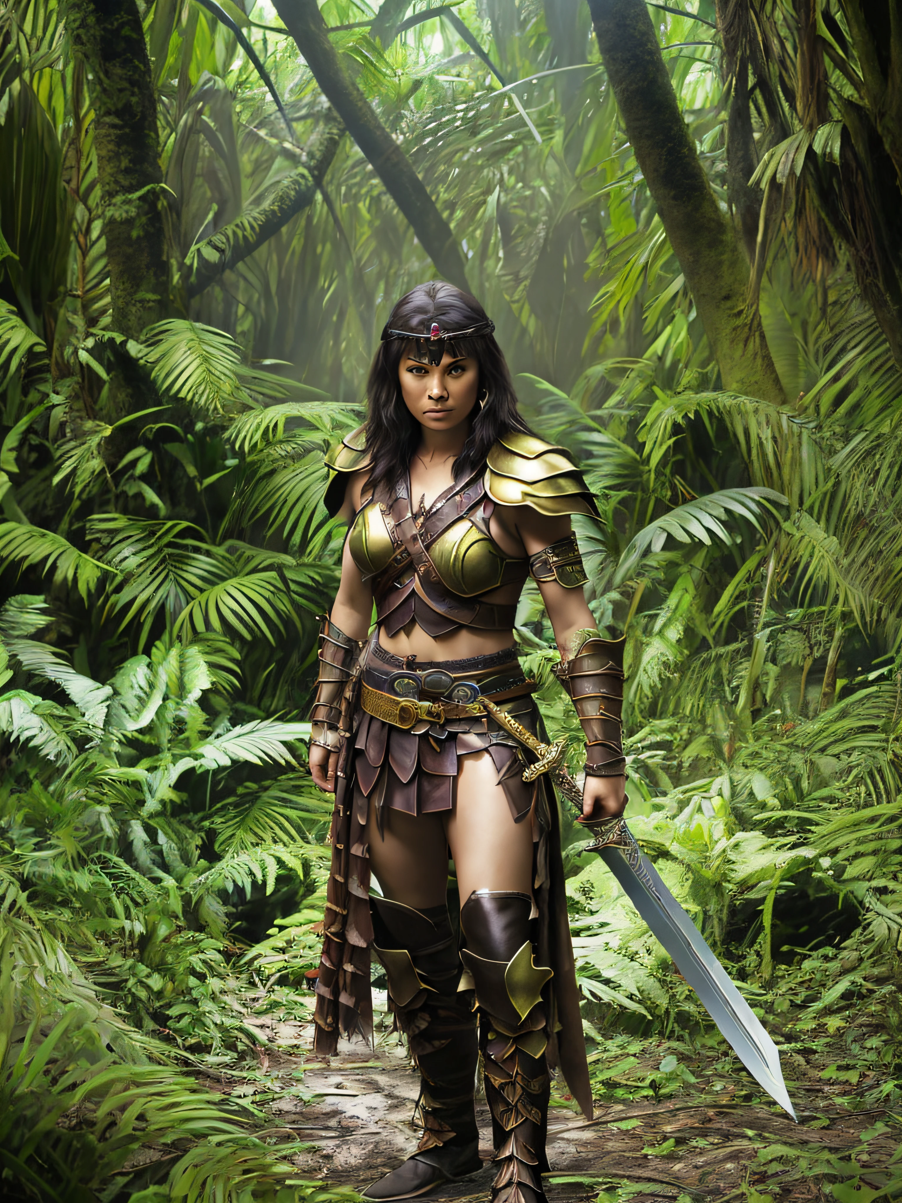 Xena warrior princess, wearing leather armor with a sword, in the style of dark brown and gold, jungle punk, movie still, made of all of the above, bronze casts, wiccan, eye-catching