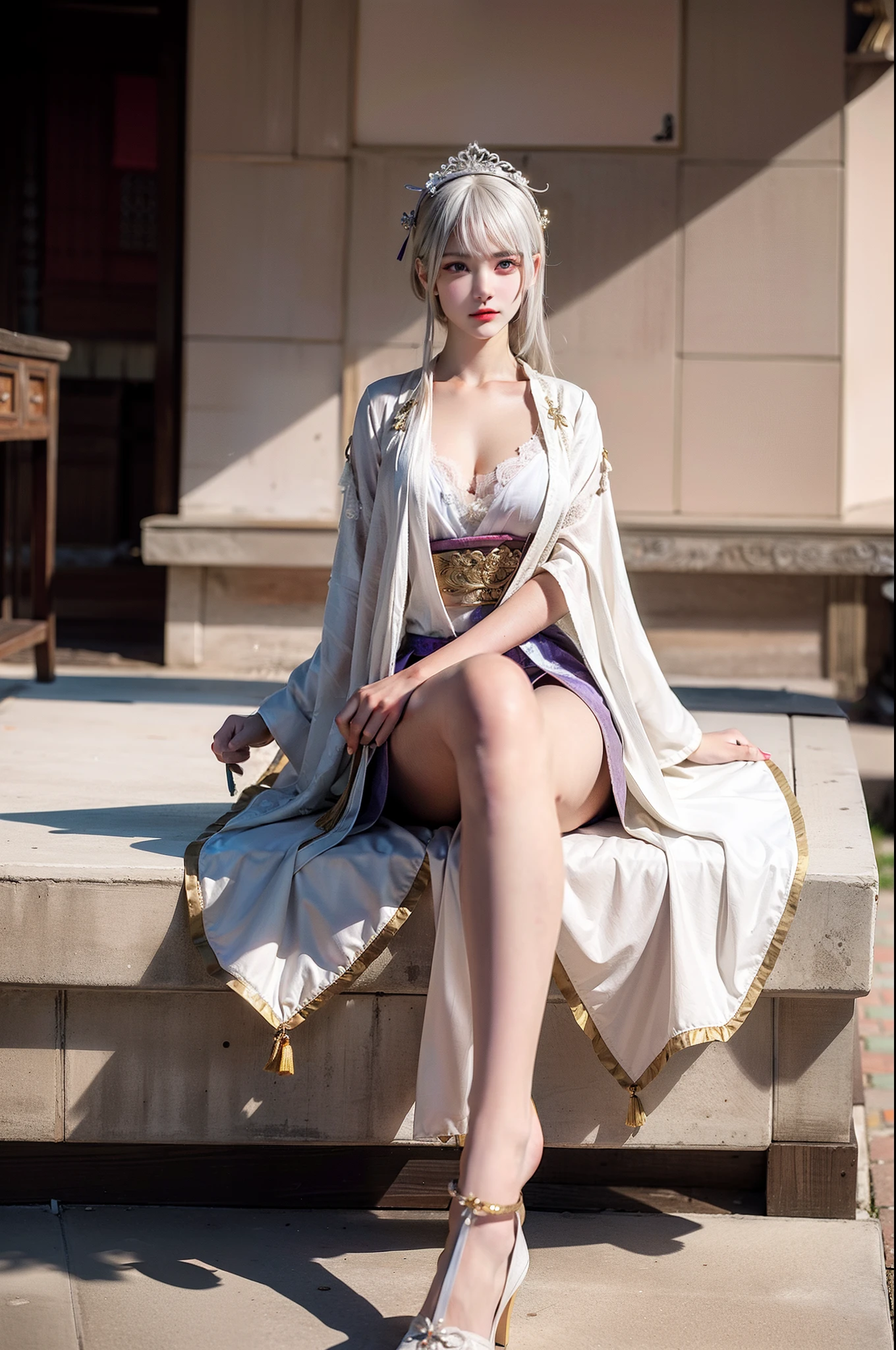 :full body,incredibly_absurdres,{best quality}, {{masterpiece}}, {highres}, original, extremely detailed 8K wallpaper, 1girl, {an extremely delicate and beautiful},,cinematic angle,backlight,chinese style architecture,detailed manga illustration,intricate detail, flat color,ink splashing,Perfect female body,Chinese style,slim waist,neat figure,mature female,the creamy smooth skin,knife and sword,loli,white hair,girl,blue eye,gray hair purple eyes,licking lips,looking to the side,gill support,crossed legs,presenting foot,anklet,jk face leg,turn pale,expressionless,heterochromia,bandage over one eye,chinese clothes,china dress,,Han Chinese Clothing,no shoe,headband,cleavage,deformed legs,extra arms,bad proportions,mutation,poorly drawn face,masterpiece,god rays,best quality,highly detailed,masterpiece,ultra-detailed,{photorealistic},,extremely detailed CG unity 8k wallpaper, (masterpiece), best quality, illustration, (1 girl), wet skin, expressionless, yellow eyes, complex pattern, corner, cape, indifference,