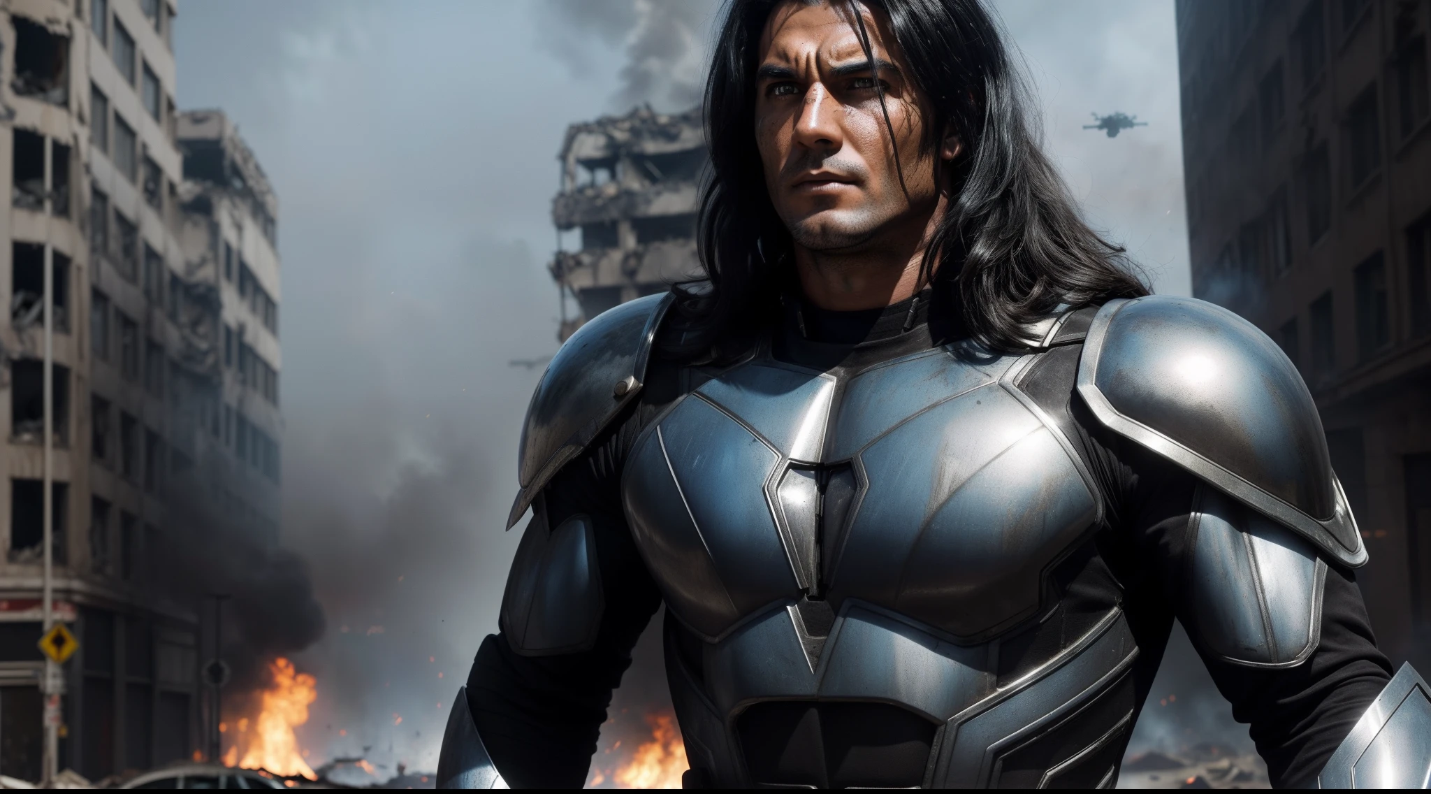 (maximum quality) man (super strong), (long black hair), fighting giant spiders in a destroyed city, (born fighter), (metallic spiders jumping on hero), metallic tech suit with blue and gray details (no helmet ), (no mask), (large detailed shoulder pad) (red round symbol on chest), burning cars on decaying streets, burning buildings, crumbling buildings, shrapnel everywhere, helicopters in the skies