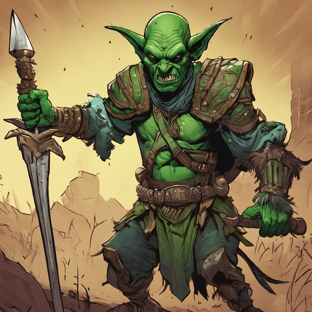 "green-skinned goblin warrior, wearing the regalia of a lieutenant under a necromancer, wielding a menacing spear."