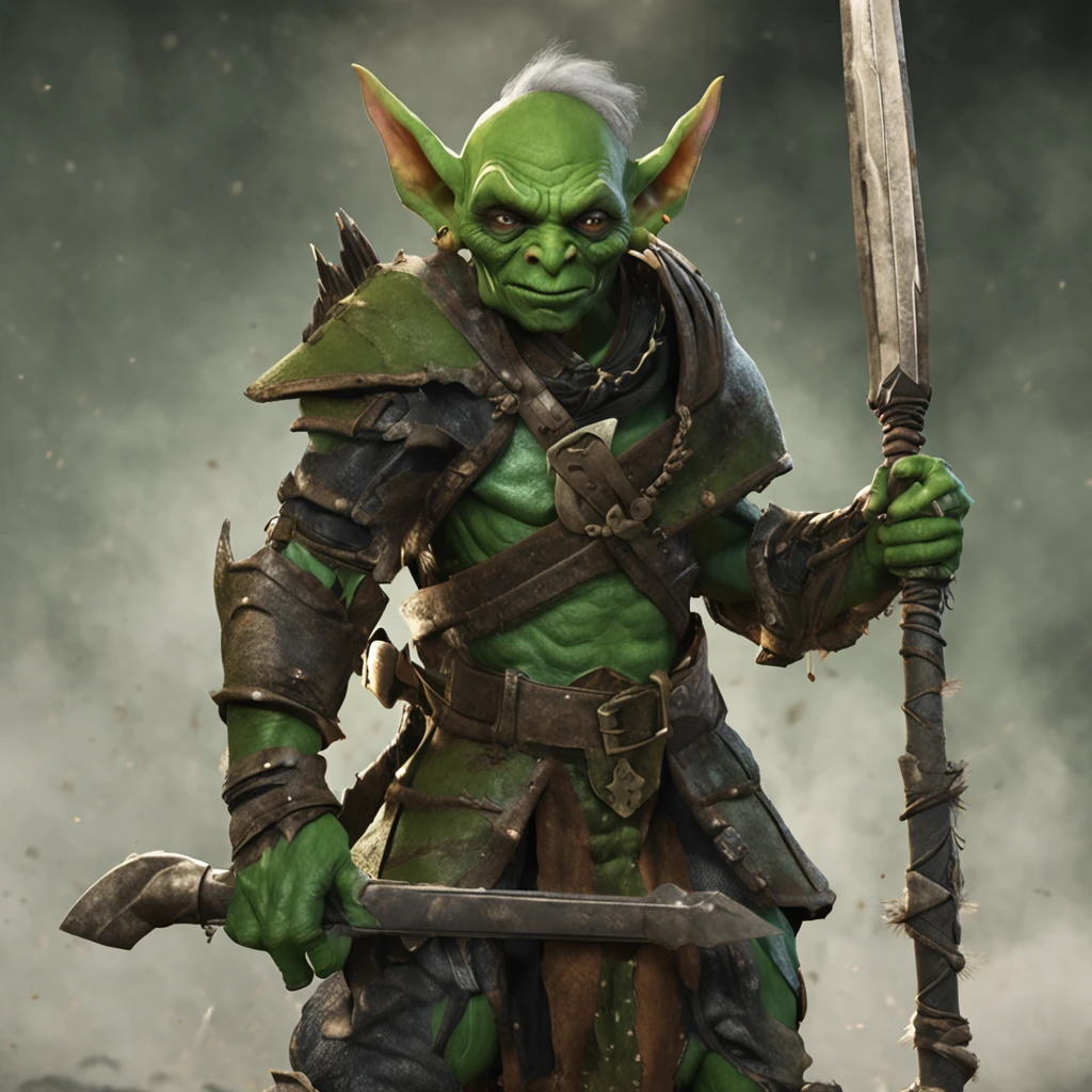 "green-skinned goblin warrior, wearing the regalia of a lieutenant under a necromancer, wielding a menacing spear."