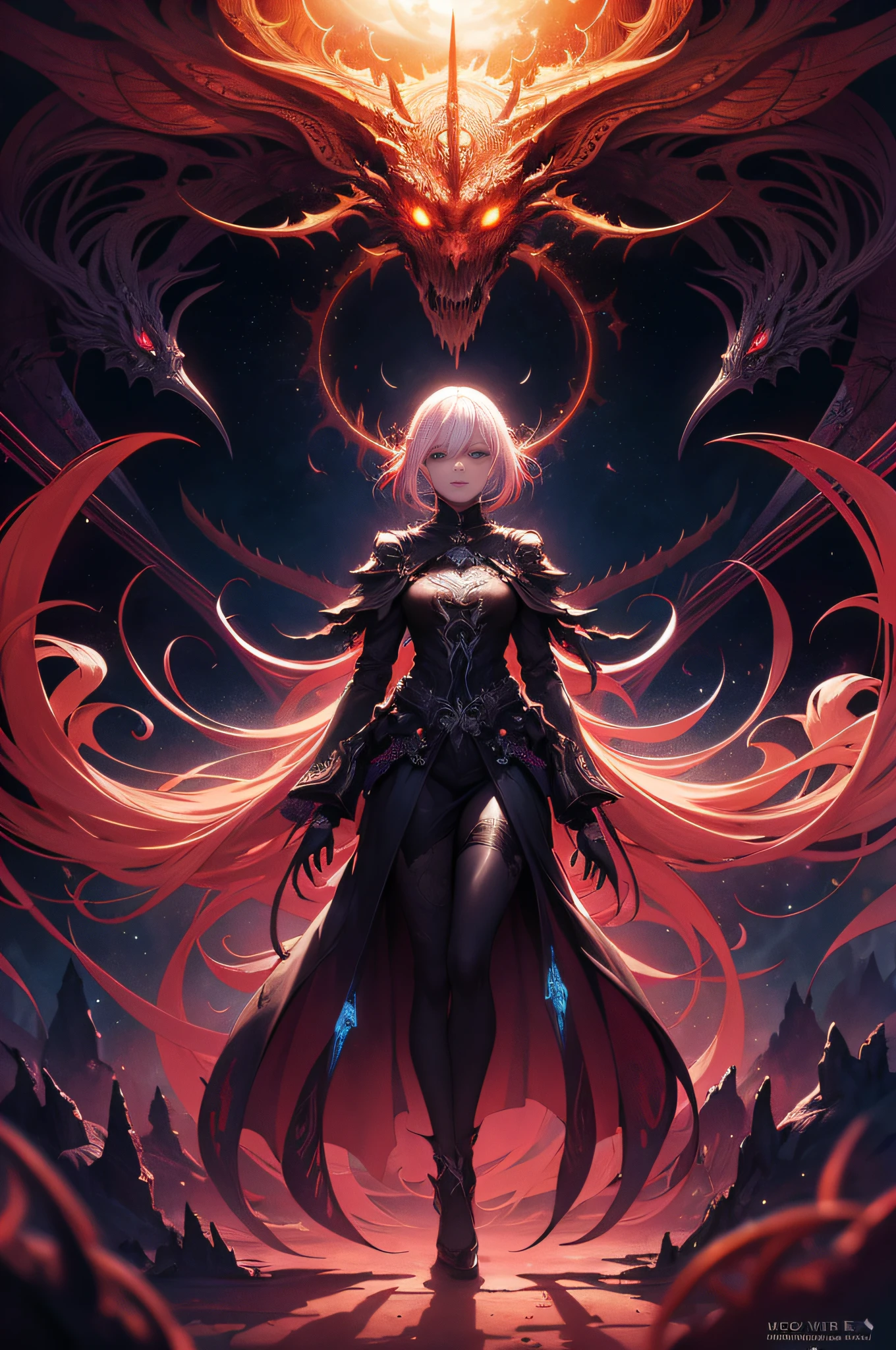 psychedelic, Horror, Bloody, Scary, Spooky, Fantasy space, Multiple planets, Fantasy Galaxy, 1girl in, full body Esbian, Portrait, Beautiful, Rainbow Light, Magical, High quality, Neat face、nice nose,Nice mouth,sea of clouds、the morning sun、Red and yellow、Splash Art、Lightning,[(Art by Android Jones:1.2)]、ultra-detailliert、Beautifully Aesthetic、​masterpiece、top-quality、ighly detailed、Most Beautiful Form of Chaos、elegent、vivd colour、barroco、Complex pattern、dynamic ungle