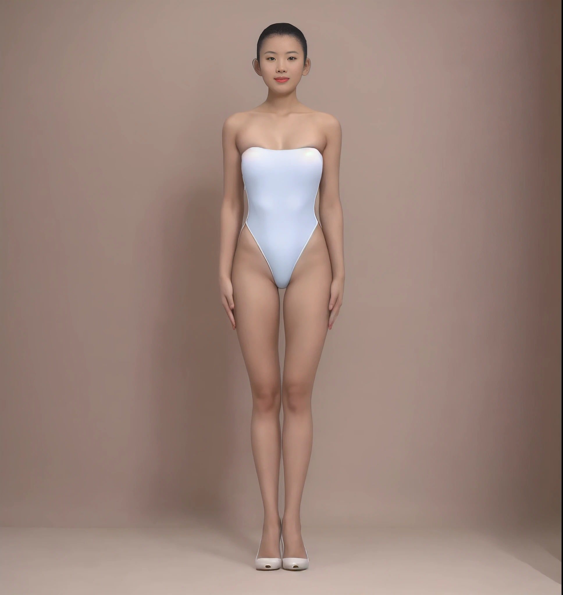 An upright Chinese girl,Stand upright,with fair skin,Wear a one-piece swimsuit,Wear high heels,Arms drooping,Bring your hands close to your sides,Bring your feet together,Front light