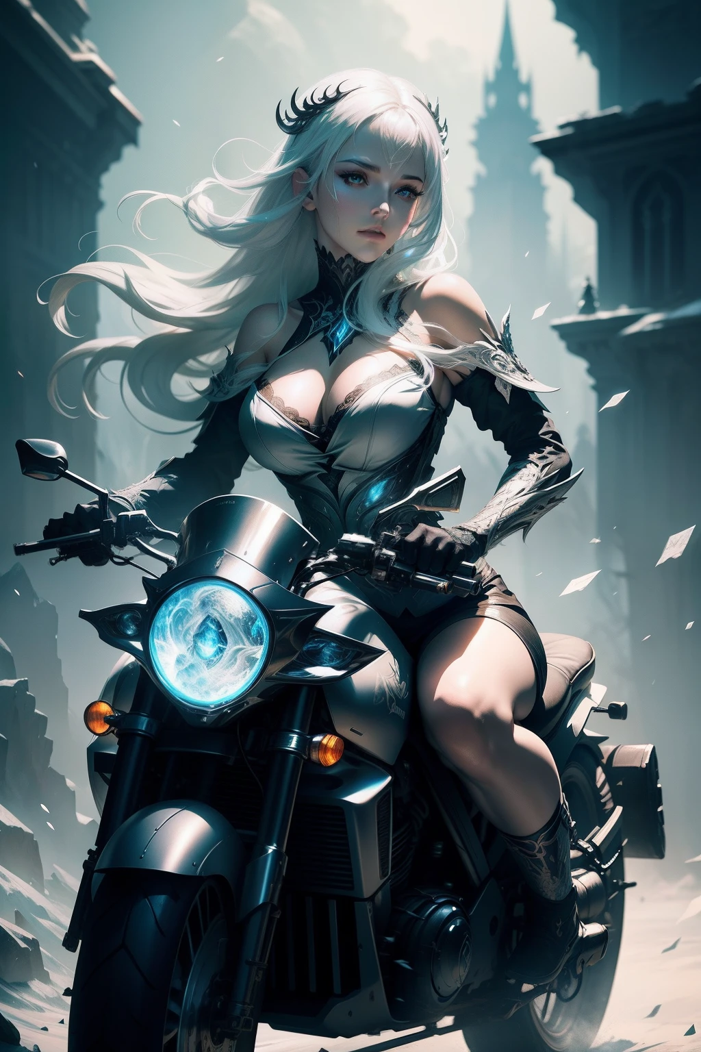 A white-haired and lightning goddess of ice surrounded her, Black lace , full bodyesbian, nice perfect face with soft skinice perfect face, riding a motorcycle, Concept art portrait by Greg rutkowski, Art germ, Ultra-detailed and intricate Gothic art trends in Artstation ternary colors, Fantastical, intricately details, Splash screen, Complementary colors, fantasy concept art, 8K resolution, Deviantart's masterpiece, Oil painting, Heavy strokes,