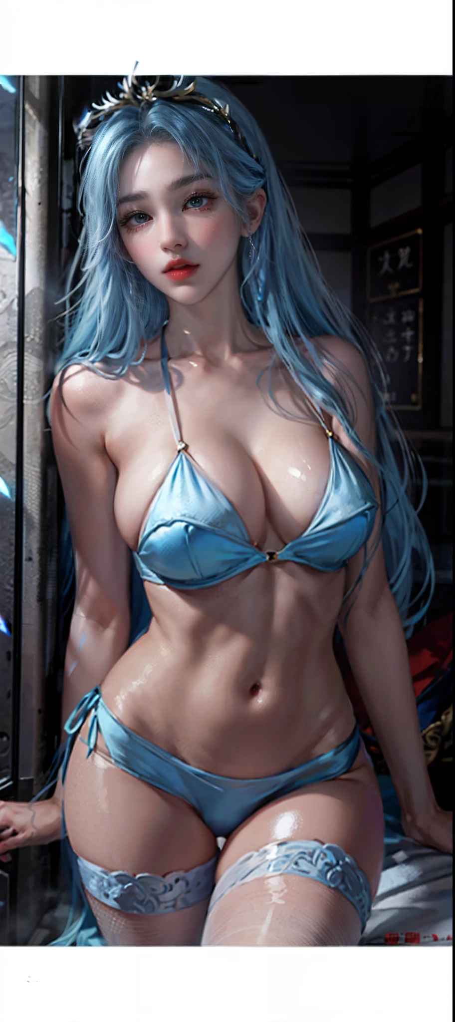 NSFW, Realistic super nasty fox woman, Long ice blue hair,Big, A priestess sitting on the door of the shrine's torii, Fluffy priestess uniform, full bodyesbian, Angular eyes, Hair between the eyes, hair messy, Gentle and attractive, Bare shoulders, delicate sexy collarbone, full - length photo, charming oval face, Double eyelids, Small nose, Noble, hyper HD, Super detail, Elegant posture, glistning skin, Wear sweat, emphasizing thighs and crotch, camel-toe