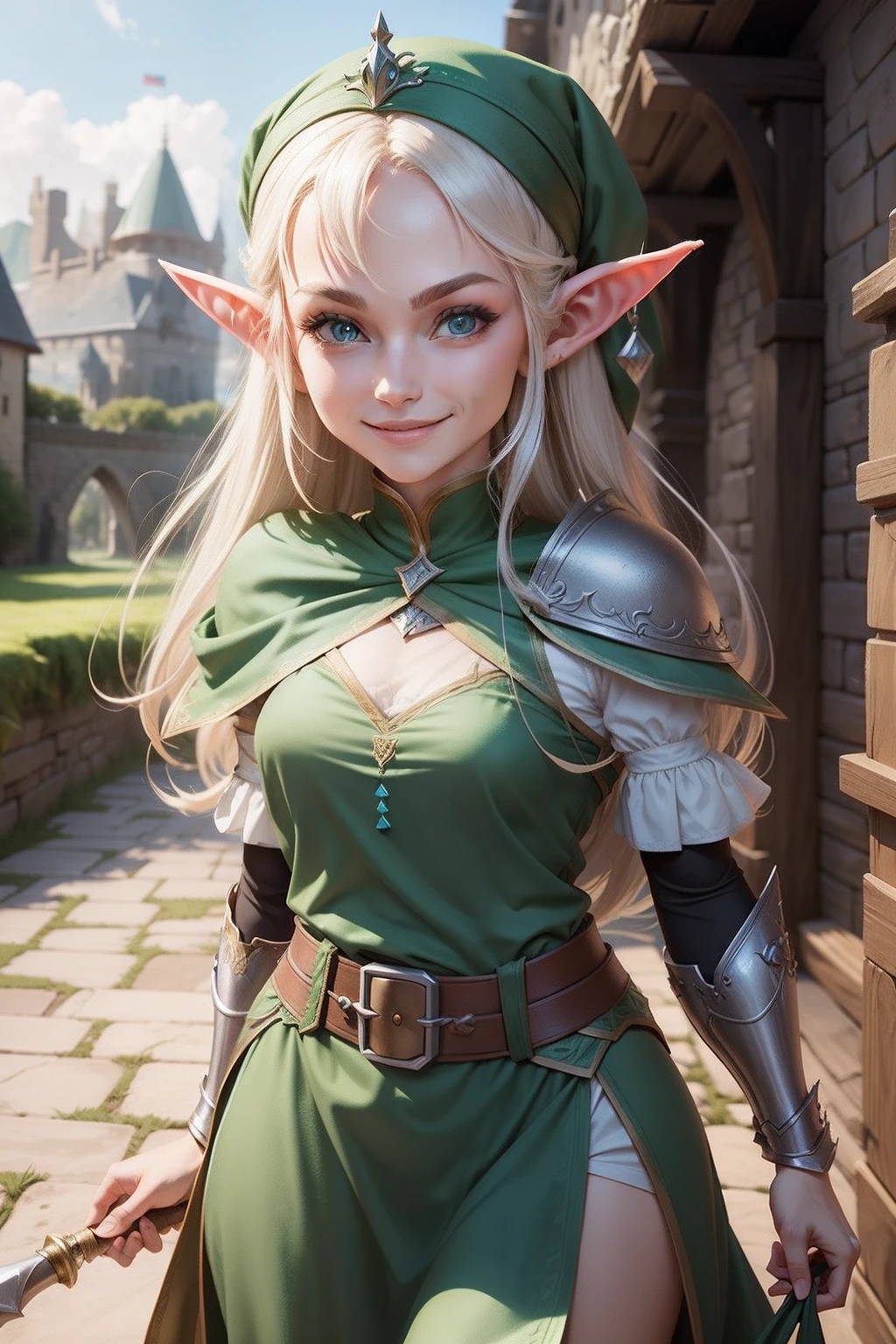 An elf girl,Double ponytail gray hair,beautiful,Medium breasts, visible nipples, green eyes,parted bangs,thick eyebrows,beautiful character design, wizard wand,Medieval cityscape