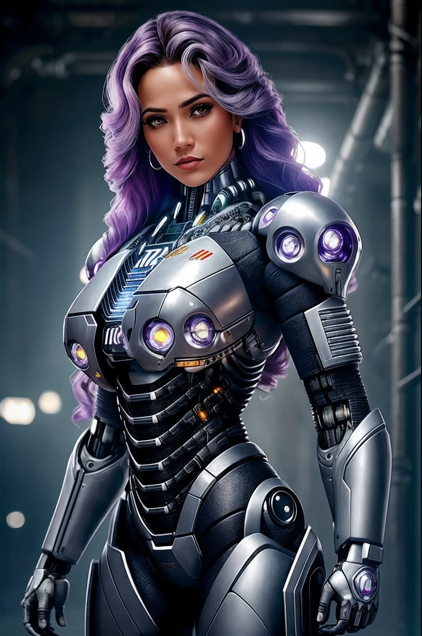 una hermosa guerrera (((cyborg desnuda))) en Style-RustMagic, aumento cyberpunk, ciberware, cyborg, fibra de carbono, cromo, implantes, metal skull, cybernetic armor, (atmosfera oscura: 1.2), (niebla y humo), (noche oscura: 1.3 ), cicatrices, (cabello oscuro despeinado de longitud media: 1.1), (sombra de ojos: 1.1), (resplandor bellamente detallado: 1.2), (cinematography lighting), detalles intrincados, high resolusion, ojos redondeados, rasgos faciales detallados, foco nítido, suave, esthetic, Detailed dark industrial factory background, pose elegante, dynamic pose, (dramapaint), (opt-6000:0.9)