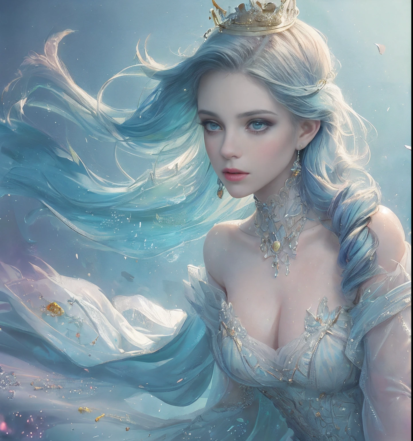 ( High quality , ultra detailed to hand ) water goddess , in the ocean , mermaid tail , ocean blue eyes ( eye detailed ) , light blue hair , long wavy hair , shinning , water creatures , flowers , whole body . Pure and gorgeous . Transparent dress .
