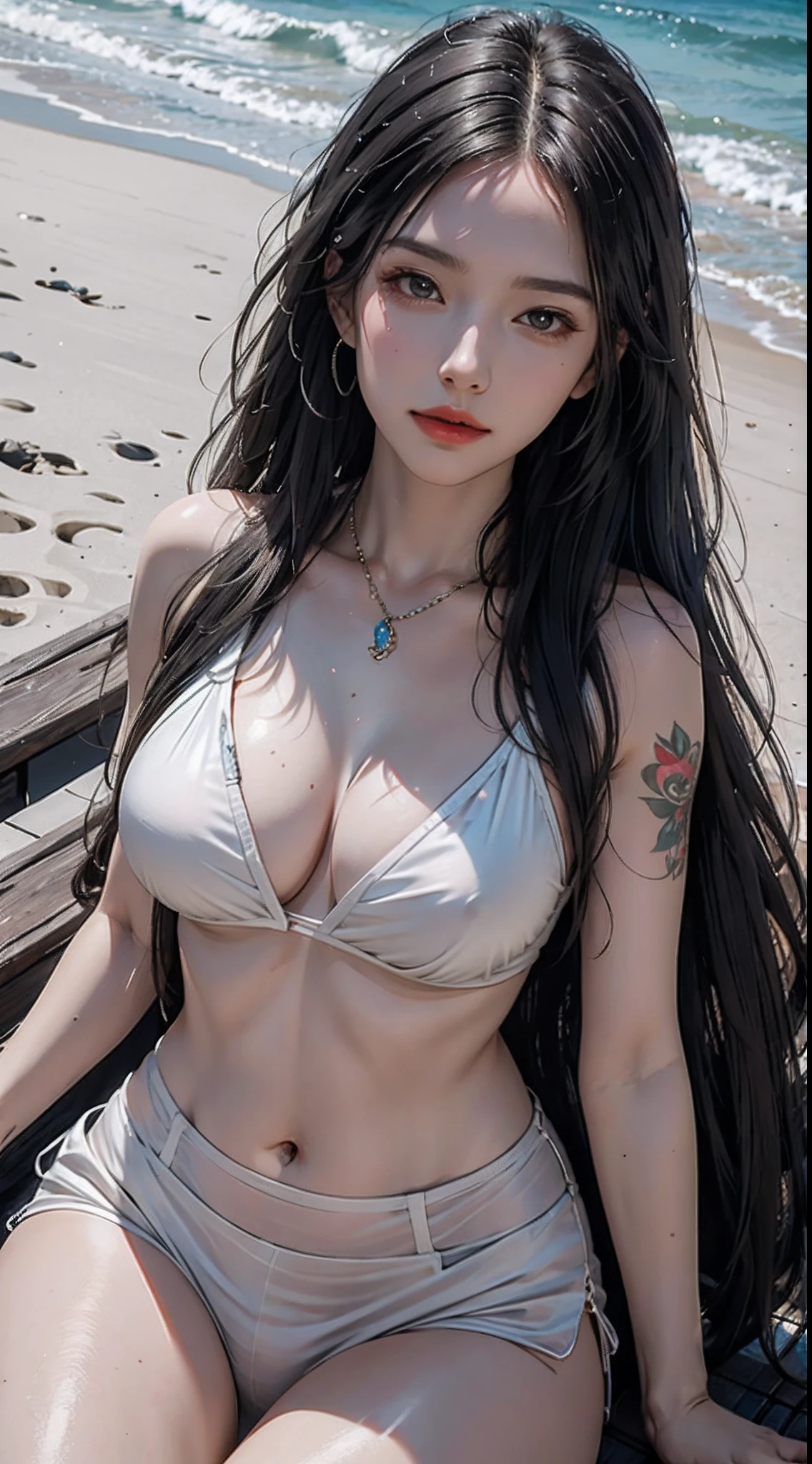 photorealistic, high resolution, 1women, solo, hips up, look at viewer, (detailed face), long hair, tattoo, jewelry, lying on the beach, proning