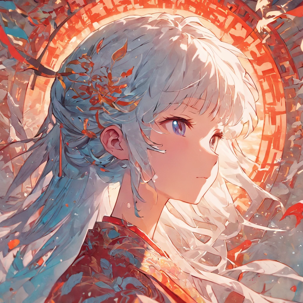 (White background:1.4),(Silhouette of a girl's head, Eyes closed, colorfull long hair, Oriental elements),(Chinese illustration:1.3,paper art:1.3, Quilted paper art:1.2),( reasonable design, Clear lines, High sharpness,Best quality, Very detailed, Masterpiece, movie light effect, 4K )