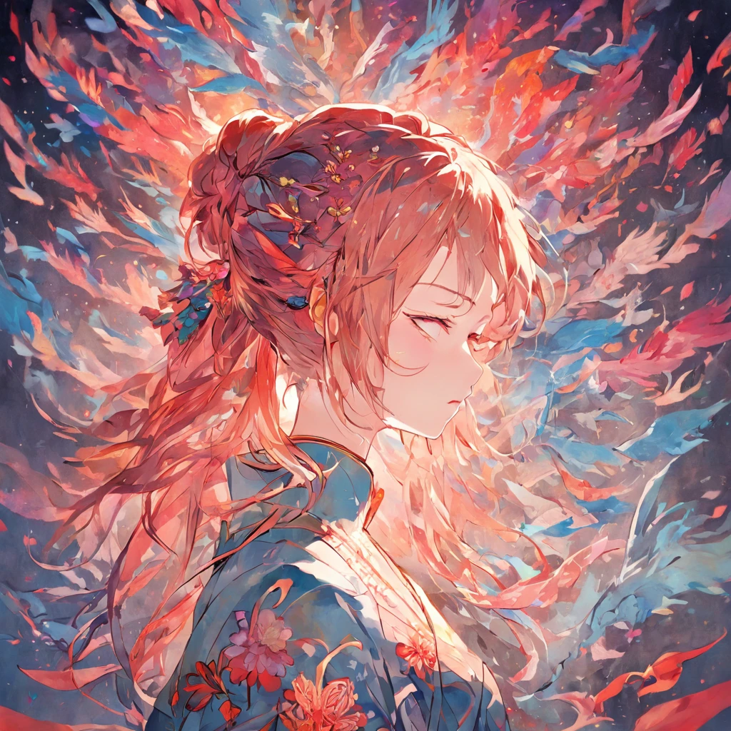 (White background:1.4),(Silhouette of a girl's head, Eyes closed, colorfull long hair, Oriental elements),(Chinese illustration:1.3,paper art:1.3, Quilted paper art:1.2),( reasonable design, Clear lines, High sharpness,Best quality, Very detailed, Masterpiece, movie light effect, 4K )
