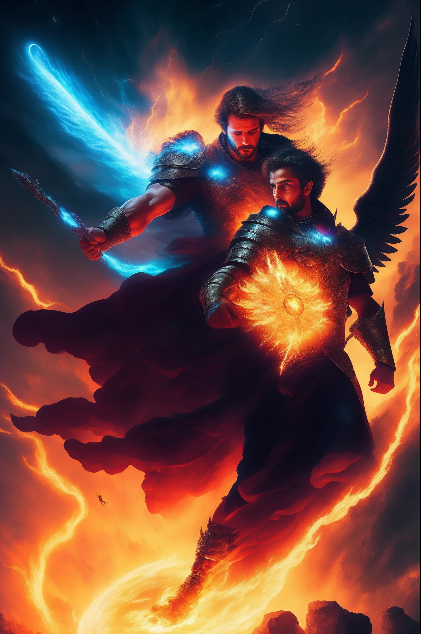 "Create a high-definition masterpiece capturing the powerful image of a father wielding a celestial shield to shield his son from a raging inferno, with neon meteors falling from the sky like ethereal rain, and a host of angels descending to safeguard them from harm."