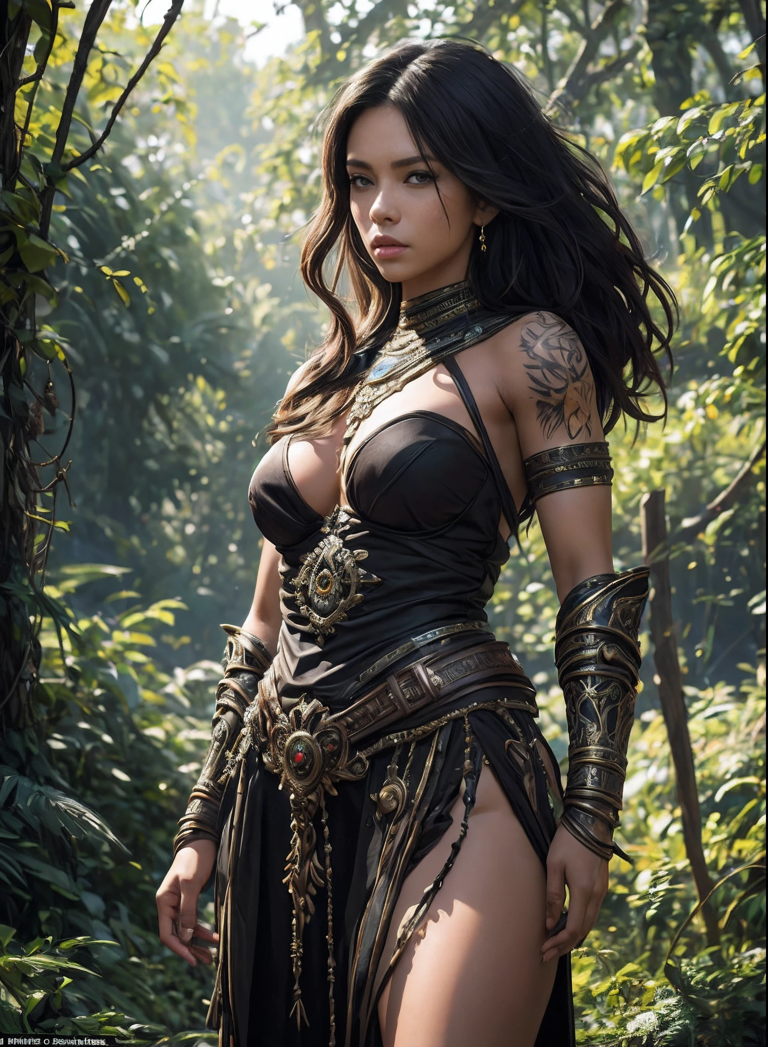 ((of the highest quality: 1.4))), (unparalleled masterpiece ever), (Ultra high definition), (art by Carne Griffiths), (Ultra-realistic 8K CG), Official art, Hands on hips, viewed from below, (dark shot), a beautiful woman warrior, Highly detailed armor and gauntlets, hair messy, Beautiful clean face, muscular body:1.4, Tanned skin:1.2, Portrait of half body from head to thigh, Many tribal tattoos on the body, curvy body:1.2, Ancient Roman city background, beautiful shadow、Sunlight creates a beautiful shadow gradient、Add depth to an image, (Muted colors, dim colors, Muted Tones: 1.3), Low saturation, (Hyper Detail: 1.2), Perfect Anatomy,,