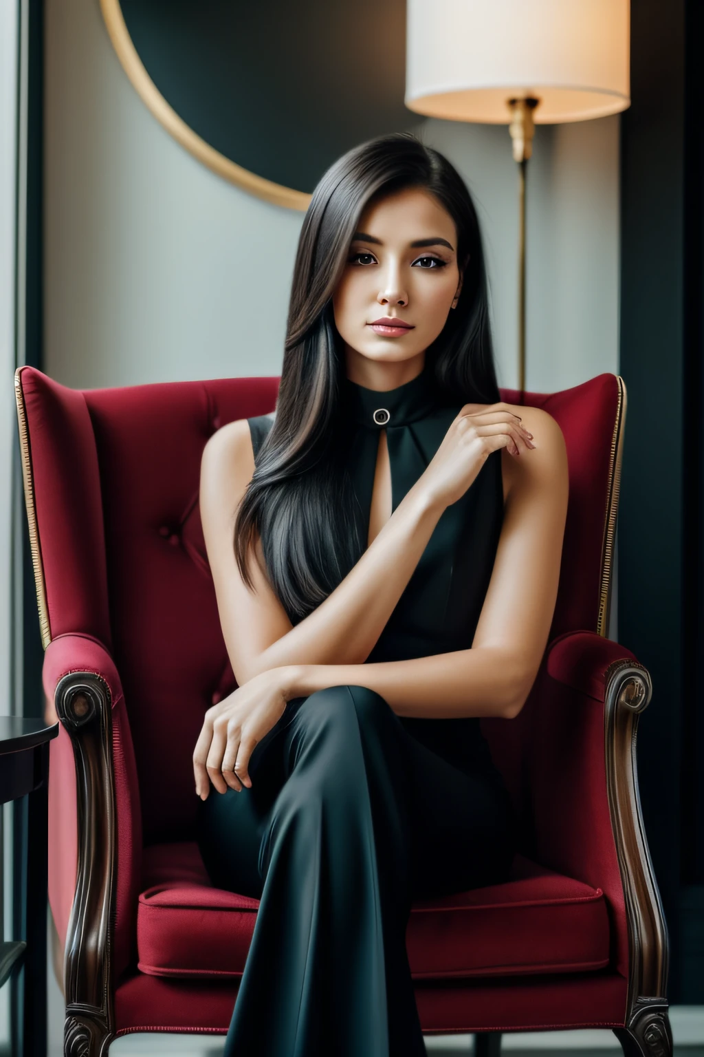 An elegant lady in a tailored black outfit, her face illuminated by the light, sitting in an armchair, Straight hair, seductive look, with serious expression, an important woman, business, company owner, love advisor