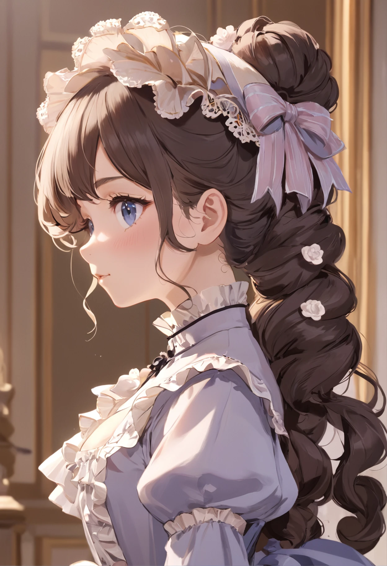 (Masterpiece), (best quality), pen illustration of Victorian Girl、kawaii girl、aniime、 1. **lo fashion**: Victorian fashion is characterized by dressy and elegant design。Ruffles and laces、corsets、Try incorporating elements such as long dresses。 2. **hairstyle on**: Women's hairstyles in the Victorian era are often complex and delicate。Upstyling and curling、It is also a good idea to add ribbons and floral ornaments to the hair.。 3. **Features**: girl features with soft features、Beautiful、kawaii、intelligent Beatty, Beautiful 5. **accessorized**: Accessories played an important role in the Victorian era。Hats、gloves、umbrellas, etc.、By drawing accessories with attention to detail、You can give your character personality。 Nice dress、florals、Luxurious costumes、PastelColors, (shining brightly), ((dazzling)), (floating a lot of flower petals, ((2D)), ((paper art))