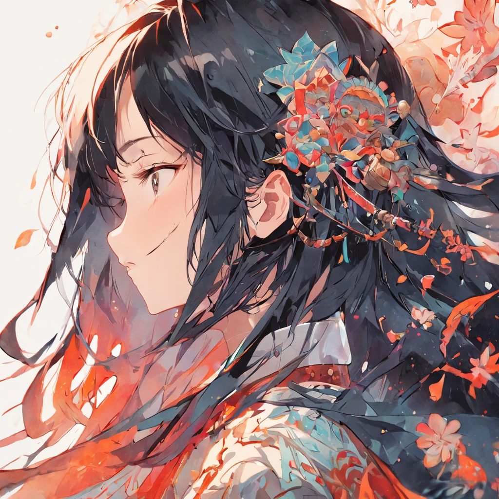 (White background:1.4),(Silhouette of a girl's head, Eyes closed, Long black hair, Western elements)，(Chinese illustration:1.3，paper art:1.3, Quilted paper art:1.2),( reasonable design, Clear lines, High sharpness,Best quality, Very detailed, Masterpiece, movie light effect, 4K )