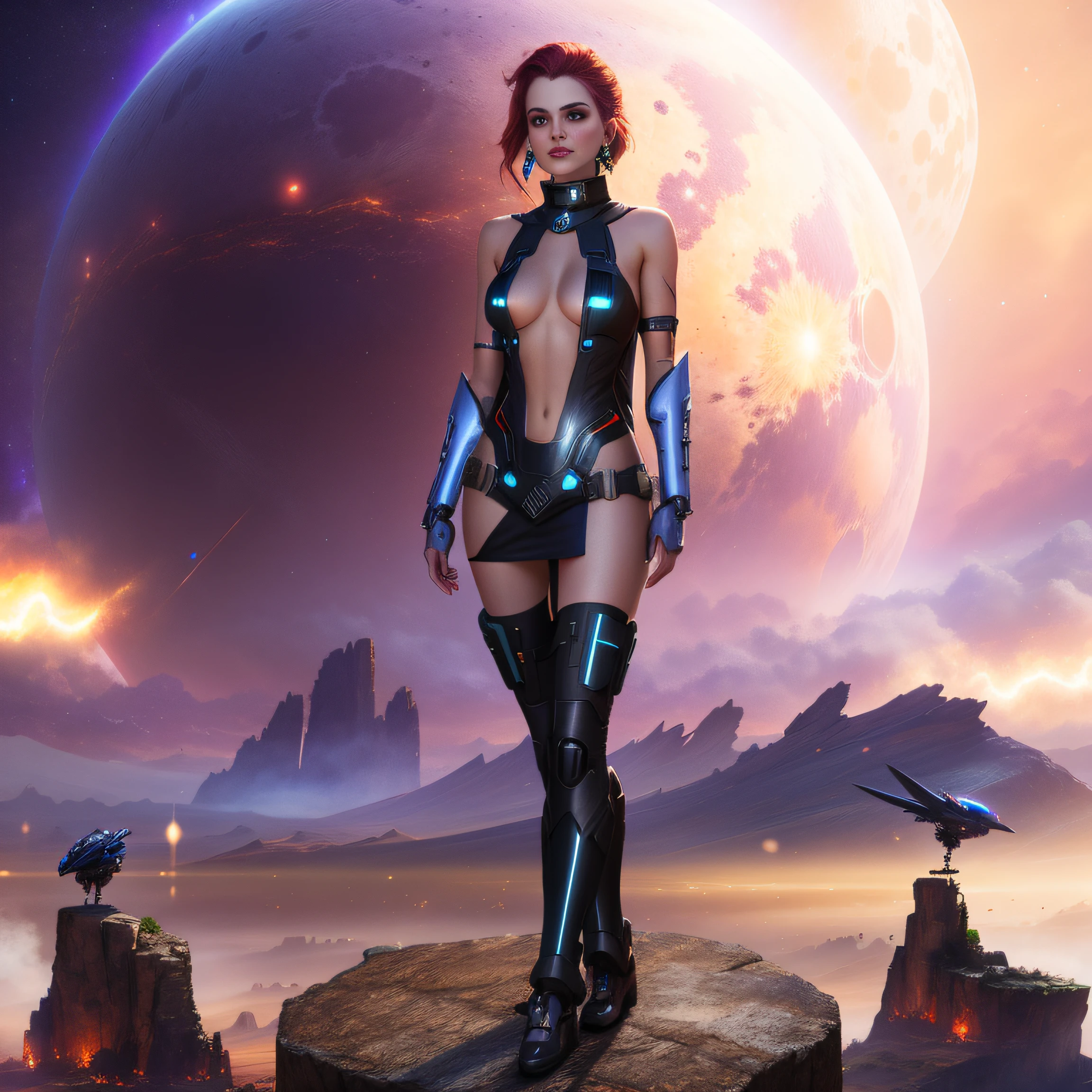 Hay una mujer con un traje de cuero de pie sobre una roca, sci-fi female, Diosa Cyborg en el cosmos, seductive cyberpunk dark fantasy, mujer futurista de moda, Lady of Entropy, sci-fi female, female alien, Dark fantasy science fiction, Fantasy Science Fiction, Dystopian sci-fi costume, Stuning Fantasy 3D render, « Femme on a galactic shore, Modelo de moda cyborg octane render