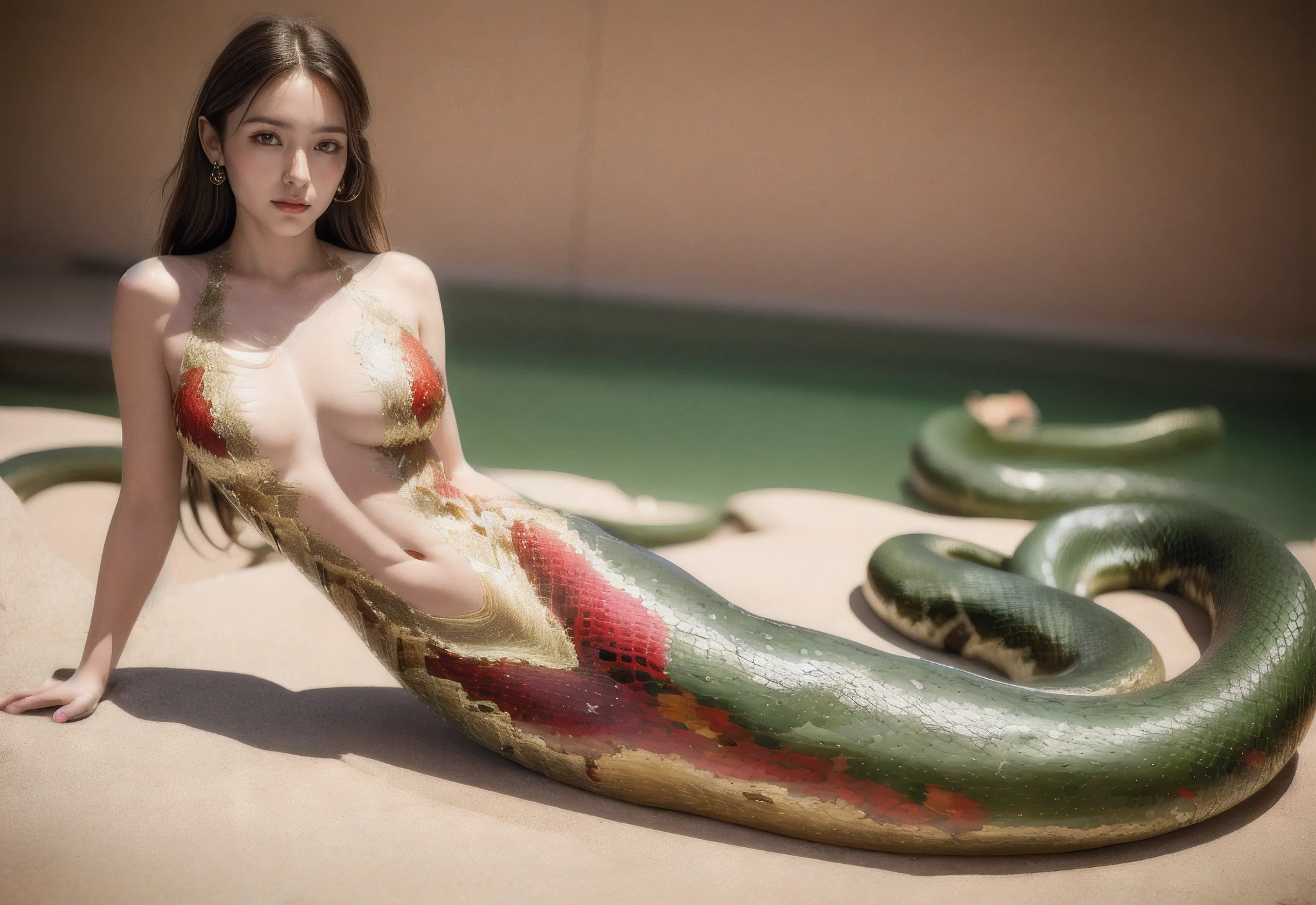 8K UHD,RAW photo,1 Snake woman,(Elongated snake tail:1.3),Red long-haired,The face is delicate,Skin is smooth and delicate,Full breasts,Crystal clear golden scales,(Real Human:1.3),(A high resolution:1.4),(A detailed:1.5),(photorealestic:1.7),RAW photo,Portrait Photogram,RAW photo,超A high resolution,Foto realism,best qualtiy,(highdetailskin,skin detailed),Visible Pore,Shiny skin,tmasterpiece,finedetail,Colorization,Extremely Delicately Beautiful,Extremely detailed 8k wallpaper,8K high quality,Digital SLR,Beautiful detail Lamia,(looking at viewert),professional photograph lighting,Faraway view